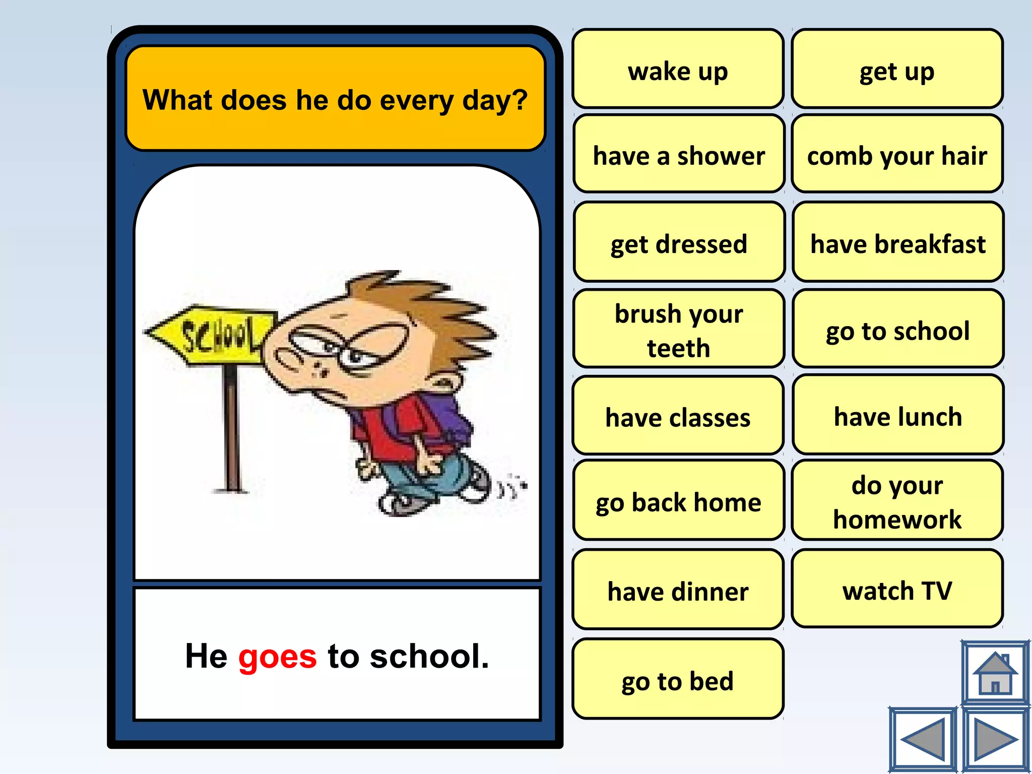 What does he do every day?
He goes to school.
wake up
have a shower
have breakfast
go to school
have lunch
do your
homework
watch TV
get up
comb your hair
brush your
teeth
have classes
go back home
have dinner
go to bed
get dressed
 
