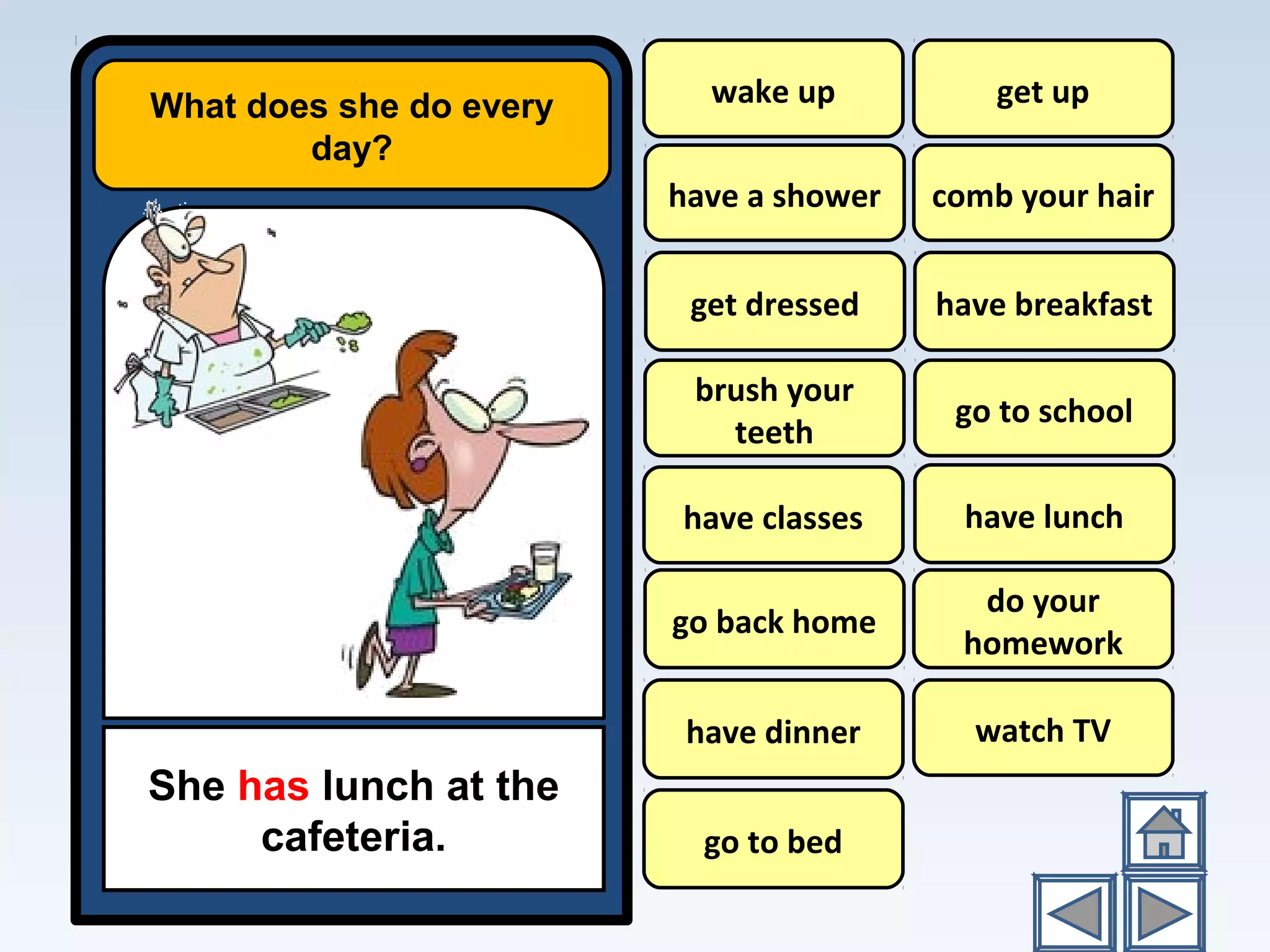 What does she do every
day?
She has lunch at the
cafeteria.
wake up
have a shower
have breakfast
go to school
have lunch
do your
homework
watch TV
get up
comb your hair
brush your
teeth
have classes
go back home
have dinner
go to bed
get dressed
 