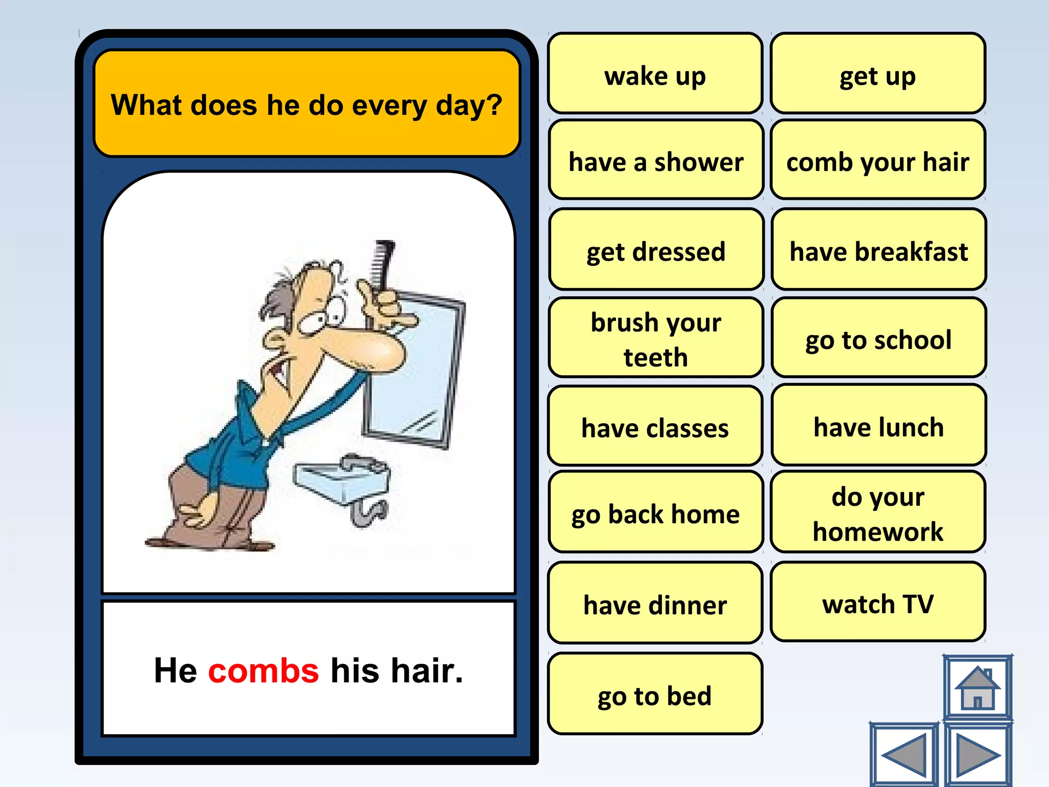 What does he do every day?
He combs his hair.
wake up
have a shower
have breakfast
go to school
have lunch
do your
homework
watch TV
get up
comb your hair
brush your
teeth
have classes
go back home
have dinner
go to bed
get dressed
 