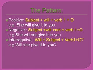  Positive: Subject + will + verb 1 + O
  e.g She will give it to you
 Negative : Subject +will +not + verb 1+O
  e.g She will not give it to you
 Interrogative : Will + Subject + Verb1+O?
  e.g Will she give it to you?
 