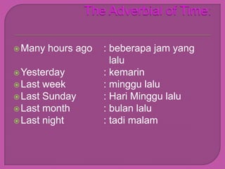  Many   hours ago   : beberapa jam yang
                       lalu
 Yesterday          : kemarin
 Last week          : minggu lalu
 Last Sunday        : Hari Minggu lalu
 Last month         : bulan lalu
 Last night         : tadi malam
 