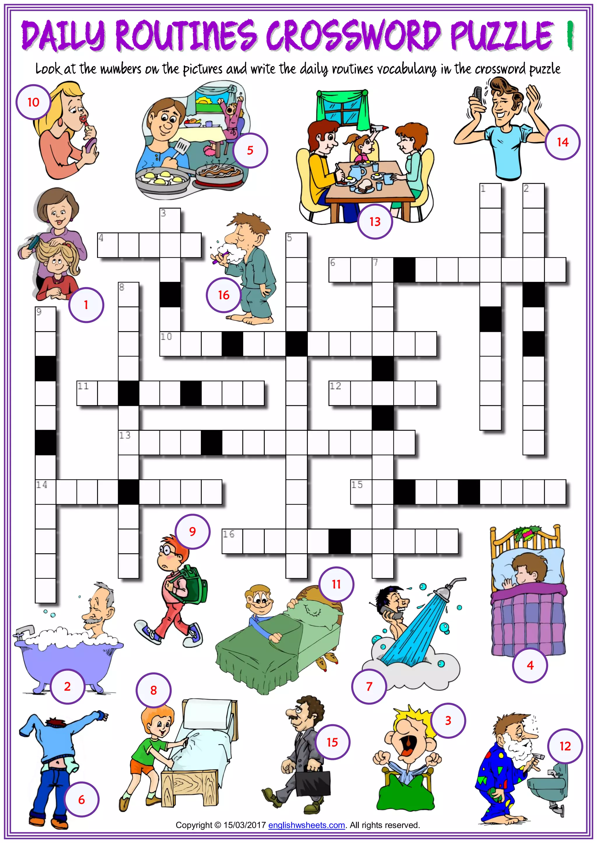 Daily routines vocabulary esl crossword puzzle worksheets for kids | PDF