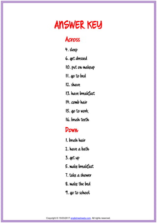 Daily routines vocabulary esl crossword puzzle worksheets for ...