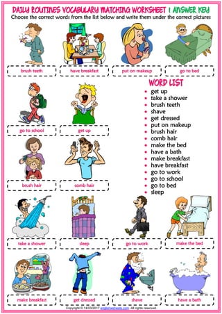 Daily routines vocabulary esl matching exercise worksheets for kids | PDF