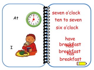 At  seven o’clock  ten to seven six o’clock   I has breakfast have breakfast had breakfast 