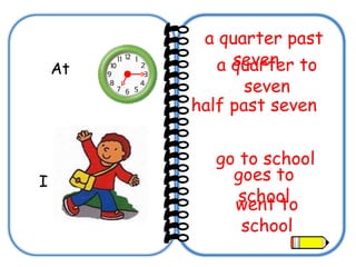 At  a quarter past seven  a quarter to seven half past seven   I went to school go to school goes to school 
