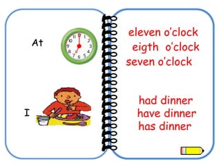At  seven o’clock  eigth  o’clock eleven o’clock   I had dinner have dinner has dinner 