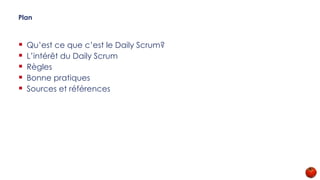 Plan
 Qu’est ce que c’est le Daily Scrum?
 L’intérêt du Daily Scrum
 Règles
 Bonne pratiques
 Sources et références
 