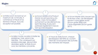 Règles
● Le Daily scrum ne dure qu’un
maximum de 15 minutes. Il
commence à l'heure et se
termine à l'heure. Aucune
exception est possible.
1
● Le Scrum Master et le Product
Owner ne sont pas tenus d'y
assister, mais s’ils travaillent
activement sur des éléments du
Sprint Backlog, ils peuvent
participer également mais en
tant que Developpeur.
2
● Le Scrum Master doit s'assurer que
la réunion a lieu. Les Developers
doivent s’auto-gérée plutôt
(Scrum guide 2020) que
s’auto‐organisée (Scrum guide
2017)
3
● la daily n'a pas vocation à traiter les
problèmes, mais plutot à les
identifier. Par conséquent,Les
problems blocage devront être
abordées après le Daily Scrum
avec les membres concernés.
4
● A l’issue du Daily Scrum, chaque
developpeur doit être au courant
l’état de l’avancement des activités
des membres de l’équipe.
5
 