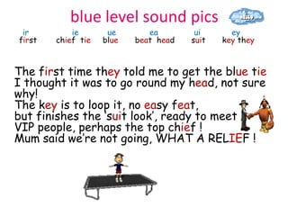 blue level sound pics
 ir         ie       ue       ea        ui      ey
first   chief tie   blue   beat head   suit   key they



The first time they told me to get the blue tie
I thought it was to go round my head, not sure
why!
The key is to loop it, no easy feat,
but finishes the ‘suit look’, ready to meet
VIP people, perhaps the top chief !
Mum said we’re not going, WHAT A RELIEF !
 