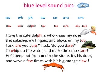 blue level sound pics
aw     wh       ph       ew    oe    ure     are

claw   whip    dolphin   few   toe   pure   are dare


I love the cute dolphin, who kisses my nose
She splashes my fingers, and blows on my toes
I ask ‘are you sure?’ I ask, ‘do you dare?’
To whip up the water, and make the crab stare!
He’ll peep out from under the stone, it’s his door,
and wave a few times with his big orange claw !
 