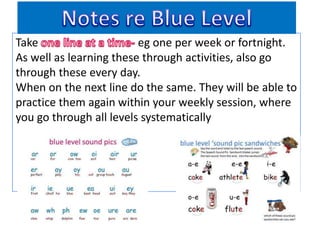 Take                     eg one per week or fortnight.
As well as learning these through activities, also go
through these every day.
When on the next line do the same. They will be able to
practice them again within your weekly session, where
you go through all levels systematically
 