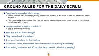 GROUND RULES FOR THE DAILY SCRUM
Everyone has to participate in person
≈ Except workers who are not physically located with the rest of the team or who are offsite and call in
and call in
≈ Offshore may be an exception, but they still should have their own daily stand up that is coordinated
coordinated with onshore
No discussion of problems or solutions
≈ Set up a follow up meeting
Start and end on time – always!
Stay focused on the questions
Everyone must stand for the meeting
No laptops, iPads, blackberries or any other distraction during the meeting.
If something really cant wait 15 minutes, take care of it outside the meeting!
2
 