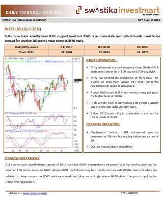 DAILY TECHNICAL OUTLOOK
SWASTIKA INTELLIGENCE GROUP 03rd
August 2013
Visit us at: - www.swastika.co.in 0731-6688005
Bulls come back smartly from 8315 support level but 8560 is an immediate and critical hurdle need to be
crossed for another 100 points move towards 8660 mark.
NIFTY: 8533(+1.32%)
STRATEGY FOR TRADERS:
Bulls come back smartly from support of 8315mark but 8560 is immediate resistance for nifty need to take out for
another 100 points move to 8660. Above 8660 mark there may be smooth run towards 8850+. Hence traders are
advised to keep an eye on 8560 resistance mark and play accordingly where 8480 should be your stop loss for
intraday long position.
Daily Nifty Levels R1: 8560 R2: 8590 R3: 8650
Pivot: 8510 S1: 8490 S2: 8450 S3: 8425
CHART FORMATIONS:
 Nifty witnessed a smart recovery form 50-day SMA
and closed above both 100-day and 200-day SMA.
 Nifty has immediate resistance at horizontal line
placed at 8560mark above this next horizontal
resistance will come at 8660mark.
 Above 8660 mark bullish momentum may get pace
for higher level of 8850+.
 In downside 8425 is immediate and strong support
which coincides with 200-day SMA.
 Below 8315 mark nifty is vulnerable to correct for
lower levels of 8190.
TECHNICAL INDICATORS:
 Mechanical indicator RSI witnessed positive
crossover at 50mark but trading below resistance of
60.
 CCI has moved above centerline.
 