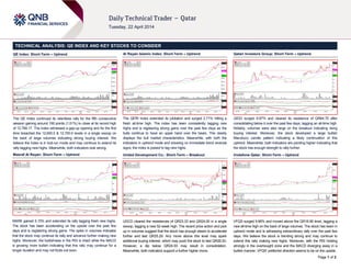 Page 1 of 2
TECHNICAL ANALYSIS: QE INDEX AND KEY STOCKS TO CONSIDER
QE Index: Short-Term – Uptrend
The QE Index continued its relentless rally for the fifth consecutive
session gaining around 190 points (1.51%) to close at its record high
of 12,768.17. The index witnessed a gap-up opening and for the first
time breached the 12,600.0 & 12,700.0 levels in a single swoop on
the back of large volumes indicating strong buying interest. We
believe the index is in bull-run mode and may continue to extend its
rally tagging new highs. Meanwhile, both indicators look strong.
Masraf Al Rayan: Short-Term – Uptrend
MARK gained 5.15% and extended its rally tagging fresh new highs.
The stock has been accelerating on the upside over the past few
days and is registering strong gains. The spike in volumes indicates
that the stock may continue its rally and advance further making new
highs. Moreover, the bullishness in the RSI is intact while the MACD
is growing more bullish indicating that this rally may continue for a
longer duration and may not fizzle out soon.
Al Rayan Islamic Index: Short-Term – Uptrend
The QERI Index extended its jubilation and surged 2.71% hitting a
fresh all-time high. The index has been consistently tagging new
highs and is registering strong gains over the past few days as the
bulls continue to have an upper hand over the bears. This clearly
displays the bull market characteristics. Meanwhile, with both the
indicators in uptrend mode and showing no immediate trend reversal
signs, the index is poised to tag new highs.
United Development Co.: Short-Term – Breakout
UDCD cleared the resistances of QR23.33 and QR24.00 in a single
swoop, tagging a new 52-week high. The recent price action and pick
up in volumes suggest that the stock has enough steam to accelerate
further and test QR25.29. Any move above this level may spark
additional buying interest, which may push the stock to test QR26.20.
However, a dip below QR24.00 may result in consolidation.
Meanwhile, both indicators support a further higher move.
Qatari Investors Group: Short-Term – Uptrend
QIGD surged 9.97% and cleared its resistance of QR64.70 after
consolidating below it over the past few days, tagging an all-time high.
Notably, volumes were also large on the breakout indicating rising
buying interest. Moreover, the stock developed a large bullish
Marubozu candle pattern indicating a likely continuation of this
uptrend. Meanwhile, both indicators are pointing higher indicating that
the stock has enough strength to rally further.
Vodafone Qatar: Short-Term – Uptrend
VFQS surged 9.96% and moved above the QR16.90 level, tagging a
new all-time high on the back of large volumes. The stock has been in
uptrend mode and is witnessing extraordinary rally over the past few
days. We believe the stock is trending strong and may continue to
extend this rally making new highs. Moreover, with the RSI holding
strongly in the overbought zone and the MACD diverging away in a
bullish manner, VFQS’ preferred direction seems to be on the upside.
 