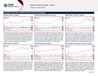 TECHNICAL ANALYSIS: QE INDEX AND KEY STOCKS TO CONSIDER
QE Index: Short-Term – Upmove

Al Rayan Islamic Index: Short-Term – Upmove

Masraf Al Rayan: Short-Term – Breakout

The QE Index continued its upward momentum and gained around
98 points (0.89%), tagging another new 52-week high to close at
11,019.86. Moreover, the volumes were also large supporting the
index’s higher move indicating rising buying interest. We believe the
index is trending strong and may maintain its higher wave toward the
11,050.0-11,100.0 levels. Meanwhile, both momentum indicators are
in uptrend mode with no immediate trend reversal signs.

The QERI Index tagged another new all-time high, surpassing its
previous high of 3,202.18 as bulls continued their domination over the
bears. The index has been aggressively moving higher over the past
few days and may continue to advance, tagging new highs.
Moreover, the index developed a bullish Marubozu candle pattern
indicating a likely move ahead. Meanwhile, the bullishness in the RSI
is intact, while the MACD is rising further up from the signal line.

MARK cleared the resistance of QR34.15 for the first time since
December. The next obstacle the stock faces is at QR35.0. The
recent price action and rising volumes suggest that potential buyers
are stepping in. We believe the current higher push has enough
steam to test and surpass QR35.0, targeting QR36.0. Moreover, both
indicators are providing bullish signals supporting a further rise.
However, a retreat below QR34.15 may indicate a false breakout.

Milaha: Short-Term – Breakout

Doha Bank: Short-Term – Breakout

Qatar International Islamic Bank: Short-Term – Upswing

QNNS breached the resistance of QR91.30 and tagged a 52-week
high. Notably, volumes were also large on the breakout, which is a
positive sign. We believe the stock has been steadily moving higher
over the past few days and is gaining strength. Meanwhile, with the
RSI moving strongly in the overbought territory, and the MACD
moving further up from the signal line, QNNS is poised to tag new 52week highs, thus supporting our bullish outlook.

DHBK respected the support near the ascending trendline and
rebounded to surpass the resistance of QR63.30. Moreover, the stock
developed a bullish Marubozu candle pattern, which usually indicates
that the downmove could be over. With volumes also picking up, it
seems DHBK may be ready for an advance toward QR63.90.
Meanwhile, both RSI and MACD lines suggest strength for an
upmove. However, a decline below QR63.30 may halt its upmove.

QIIK continued its bullish rally and tagged another new 52-week high
yesterday. The stock has been in uptrend mode and is relentlessly
tagging new highs. Moreover, the RSI is trending higher, while the
MACD is diverging away from the signal line in a bullish manner
indicating that QIIK has enough steam to accelerate further. In
addition, the stock developed a bullish Marubozu candle pattern
indicating that this rally may not fizzle out soon.
Page 1 of 2

 