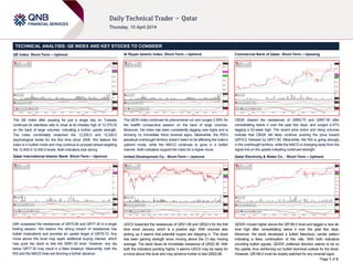 Page 1 of 2
TECHNICAL ANALYSIS: QE INDEX AND KEY STOCKS TO CONSIDER
QE Index: Short-Term – Uptrend
The QE Index after pausing for just a single day on Tuesday
continued its relentless rally to close at its intraday high of 12,375.03
on the back of large volumes, indicating a further upside strength.
The index comfortably breached the 12,200.0 and 12,300.0
psychological levels for the first time since 2008. We believe the
index is in bullish mode and may continue to proceed ahead targeting
the 12,400.0-12,450.0 levels. Both indicators look strong.
Qatar International Islamic Bank: Short-Term – Upmove
QIIK surpassed the resistances of QR75.80 and QR77.30 in a single
trading session. We believe this strong breach of resistances has
bullish implications and provides an upside target of QR79.72. Any
move above this level may spark additional buying interest, which
may push the stock to test the QR81.50 level. However, any dip
below QR77.30 may result in a false breakout. Meanwhile, both the
RSI and the MACD lines are favoring a further advance.
Al Rayan Islamic Index: Short-Term – Uptrend
The QERI index continued its phenomenal run and surged 2.55% for
the twelfth consecutive session on the back of large volumes.
Moreover, the index has been consistently tagging new highs and is
showing no immediate trend reversal signs. Meanwhile, the RSI’s
perpetual overbought territory doesn’t seem to be affecting the index’s
uptrend mode, while the MACD continues to grow in a bullish
manner. Both indicators support the index for a higher move.
United Development Co.: Short-Term – Upmove
UDCD breached the resistances of QR21.69 and QR22.0 for the first
time since January, which is a positive sign. With volumes also
picking up it seems that potential buyers are stepping in. The stock
has been gaining strength since moving above the 21-day moving
average. The stock faces its immediate resistance of QR22.38. With
both the indicators pointing higher, it seems UDCD may be ready for
a move above this level and may advance further to test QR22.66.
Commercial Bank of Qatar: Short-Term – Upswing
CBQK cleared the resistances of QR65.75 and QR67.50 after
consolidating below it over the past few days, and surged 4.27%
tagging a 52-week high. The recent price action and rising volumes
indicate that CBQK will likely continue pushing the price toward
QR70.0, followed by QR71.90. Meanwhile, the RSI is going strongly
in the overbought territory, while the MACD is diverging away from the
signal line on the upside indicating continued strength.
Qatar Electricity & Water Co. : Short-Term – Uptrend
QEWS moved higher above the QR180.0 level and tagged a new all-
time high after consolidating below it over the past few days.
Moreover, the stock developed a bullish Marubozu candle pattern
indicating a likely continuation of this rally. With both indicators
providing bullish signals, QEWS’ preferred direction seems to be on
the upside, thus reinforcing our bullish technical outlook for the stock.
However, QR180.0 must be closely watched for any reversal signs.
 