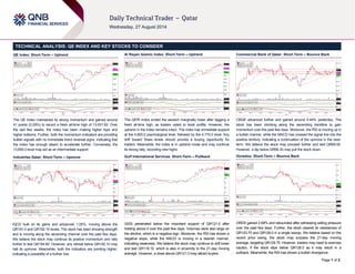 Page 1 of 2
TECHNICAL ANALYSIS: QE INDEX AND KEY STOCKS TO CONSIDER
QE Index: Short-Term – Uptrend
The QE Index maintained its strong momentum and gained around
41 points (0.29%) to record a fresh all-time high of 13,931.92. Over
the last few weeks, the index has been making higher tops and
higher bottoms. Further, both the momentum indicators are providing
bullish signals with no immediate trend reversal signs, indicating that
the index has enough steam to accelerate further. Conversely, the
13,850.0 level may act as an intermediate support.
Industries Qatar: Short-Term – Upmove
IQCD built on its gains and advanced 1.05%, moving above the
QR191.0 and QR192.10 levels. The stock has been showing strength
and is moving along the ascending channel over the past few days.
We believe the stock may continue its positive momentum and rally
further to test QR194.60. However, any retreat below QR192.10 may
halt its upmove. Meanwhile, both the indicators are pointing higher,
indicating a possibility of a further rise.
Al Rayan Islamic Index: Short-Term – Uptrend
The QERI Index ended the session marginally lower after tagging a
fresh all-time high, as traders opted to book profits. However, the
uptrend in the index remains intact. The index has immediate support
at the 4,800.0 psychological level, followed by the 4,770.0 level. Any
drift toward these levels should provide a buying opportunity for
traders. Meanwhile, the index is in uptrend mode and may continue
its strong rally, recording new highs.
Gulf International Services: Short-Term – Pullback
GISS penetrated below the important support of QR121.0 after
holding above it over the past few days. Volumes were also large on
the decline, which is a negative sign. Moreover, the RSI has shown a
negative slope, while the MACD is moving in a bearish manner,
indicating weakness. We believe the stock may continue to drift lower
and test QR118.10, which is also in proximity to the 21-day moving
average. However, a close above QR121.0 may attract buyers.
Commercial Bank of Qatar: Short-Term – Bounce Back
CBQK advanced further and gained around 0.44% yesterday. The
stock has been climbing along the ascending trendline to gain
momentum over the past few days. Moreover, the RSI is moving up in
a bullish manner, while the MACD has crossed the signal line into the
positive territory, indicating a continuation of the upmove in the near-
term. We believe the stock may proceed further and test QR69.50.
However, a dip below QR68.30 may pull the stock down.
Ooredoo: Short-Term – Bounce Back
ORDS gained 2.68% and rebounded after witnessing selling pressure
over the past few days. Further, the stock cleared its resistances of
QR123.70 and QR126.0 in a single swoop. We believe based on the
recent price swing, the stock may surpass the 21-day moving
average, targeting QR129.70. However, traders may need to exercise
caution, if the stock slips below QR126.0 as it may result in a
pullback. Meanwhile, the RSI has shown a bullish divergence.
 