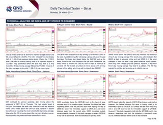 Page 1 of 2
TECHNICAL ANALYSIS: QE INDEX AND KEY STOCKS TO CONSIDER
QE Index: Short-Term – Downmove
The QE Index continued its decline for the third straight session and
fell around 27 points (-0.24%). The index retreated from its intraday
high of 11,398.62 as sustained selling pulled it below the 11,350.0
level. The index is currently trading close to its important support of
11,338.41. Any penetration below this level may lead to a drop
toward the 55-day moving average followed by 11,300.0. However, if
the index manages to cling onto 11,338.41, it may move higher.
Qatar International Islamic Bank: Short-Term – Upmove
QIIK continued its upmove yesterday after moving above the
resistance of QR71.50 on Thursday. The next upside target is
QR72.80. We believe the stock may continue to rise and advance
further until it trades above the QR71.50 level. However, a decline
below this level may drag the stock to test its 55-day moving average.
Meanwhile, the RSI is moving toward the mid-line in a bullish manner,
thus supporting our positive technical outlook for the stock.
Al Rayan Islamic Index: Short-Term – Neutral
The QERI Index snapped its six-day winning run and shed -0.24% on
the back of profit-booking after witnessing a strong rally over the past
few days. The index also dipped below the 3,481.42 level as the
bears proved to be more dominant than the bulls. Meanwhile, the
index needs to reclaim the 3,481.42 level in order to continue its
advance. On the flip side, any failure to move above 3,481.42 may
witness further selling, which may pull the index to test 3,458.51.
Gulf International Services: Short-Term – Downmove
GISS penetrated below the QR78.80 level on the back of large
volumes which is a negative signal. Moreover, the stock has been
registering losses over the past few days since topping the rally at
QR86.60. Given the immediate support at QR75.20 is still some
distance away from the current price, GISS’ immediate outlook
remains bearish. However, if the stock manages to reclaim QR78.80
it may halt its downmove. Both the indicators are pointing down.
Milaha: Short-Term – Upmove
QNNS moved above the QR93.0 level and breached the resistance
of its 21-day moving average. The recent price action indicates that
QNNS is likely to advance further and test QR95.10. If the stock
manages to clear this level it may spark additional buying interest,
which may push it further and test QR96.50. However, a dip below
the 21-day moving average may result in a pullback. The RSI has
rejected the mid-line and is moving up in a bullish manner.
Nakilat: Short-Term – Downmove
QGTS dipped below the support of QR19.50 and caved under selling
pressure. We believe although the stock is trading close to its
immediate support of QR19.28, it is unlikely that the stock may cling
onto it and drift lower to test its immediate support at QR18.96.
However, if the stock manages to hold onto the QR19.28 level, it may
advance. Meanwhile, with both the indicators in downtrend mode
QGTS’ preferred direction seems to be on the downside.
 