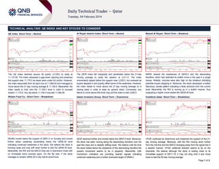 TECHNICAL ANALYSIS: QE INDEX AND KEY STOCKS TO CONSIDER
QE Index: Short-Term – Neutral

Al Rayan Islamic Index: Short-Term – Neutral

Masraf Al Rayan: Short-Term – Breakout

The QE Index declined around 36 points (-0.33%) to close at
11,137.59. The index witnessed a gap-down opening and breached
the support near 11,170.0 as bears were under full control. However,
the index rebounded from its day’s low of 11,069.93 and managed to
move above the 21-day moving average & 11,100.0. Meanwhile, the
index needs to hold onto the 11,100.0 level in order to proceed
toward 11,170.0. Any dip below 11,100.0 may test 11,082.06.

The QERI Index fell marginally and penetrated below the 21-day
moving average to close the session at 3,211.0. The index
momentarily dipped below the support near 3,200.0, but reversed as
buyers stepped in and quickly offset some of the weakness. However,
the index needs to move above the 21-day moving average on a
closing basis in order to keep its uptrend intact. Conversely, any
failure to move above this level may pull the index to test 3,200.0.

MARK cleared the resistances of QR35.0 and the descending
trendline, which had restricted its bullish move in the past in a single
swoop. Notably, volumes were also high on the breakout indicating
potential buyers stepping in. Moreover, the stock developed a bullish
Marubozu candle pattern indicating a likely advance from the current
level. Meanwhile, the RSI is moving up in a bullish manner, thus
supporting a higher move toward the QR35.40 level.

Widam Food Co.: Short-Term – Breakdown

Qatari Investors Group: Short-Term – Downmove

Vodafone Qatar: Short-Term – Breakdown

WDAM moved below the support of QR51.0 on Sunday and moved
further below yesterday penetrating below the QR50.30 level
indicating continued weakness in the stock. We believe the stock is
trending weak and may drift down further to test the QR49.30 level.
Meanwhile, the RSI and the MACD lines are in downtrend mode with
no immediate trend reversal signs. On the flip side, if the stock
manages to reclaim QR50.30 it may halt its downmove.

QIGD declined further and moved below the QR47.0 level. Moreover,
the stock has been moving along the descending trendline over the
past few days and is steadily drifting lower. We believe until the time
the stock trades below the resistance of this descending trendline the
upward movement seems to be in jeopardy. Meanwhile, both
momentum indicators are providing bearish signals indicating
continued weakness and a further downside target of QR46.0.

VFQS continued its downmove and breached the support of the 21day moving average. Moreover, with the RSI moving down further
from the mid-line and the MACD diverging away from the signal line in
a bearish manner, VFQS’ preferred direction seems to be on the
downside. We believe although the stock is trading close to its
immediate support of QR11.19, it may not cling onto it and move
lower to test the 55-day moving average.
Page 1 of 2

 