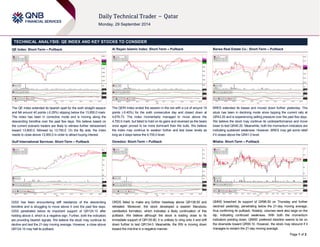Page 1 of 2 
TECHNICAL ANALYSIS: QE INDEX AND KEY STOCKS TO CONSIDER 
QE Index: Short-Term – Pullback 
The QE Index extended its bearish spell for the sixth straight session 
and fell around 40 points (-0.29%) slipping below the 13,850.0 mark. 
The index has been in corrective mode and is moving along the 
descending trendline over the past few days. We believe based on 
the current scenario traders are likely to witness further retracement 
toward 13,800.0, followed by 13,750.0. On the flip side, the index 
needs to close above 13,900.0 in order to attract buying interest. 
Gulf International Services: Short-Term – Pullback 
GISS has been encountering stiff resistance of the descending 
trendline and is struggling to move above it over the past few days. 
GISS penetrated below its important support of QR124.10 after 
holding above it, which is a negative sign. Further, both the indicators 
are providing bearish signals. We believe the stock may continue its 
decline and test the 21-day moving average. However, a close above 
QR124.10 may halt its pullback. 
Al Rayan Islamic Index: Short-Term – Pullback 
The QERI Index ended the session in the red with a cut of around 19 
points (-0.40%) for the sixth consecutive day and closed down at 
4,676.73. The index momentarily managed to move above the 
4,700.0 mark, but failed to hold on its gains and reversed as the bears 
once again proved to be more dominant than the bulls. We believe 
the index may continue to weaken further and test lower levels as 
long as it stays below the 4,700.0 level. 
Ooredoo: Short-Term – Pullback 
ORDS failed to make any further headway above QR138.50 and 
retreated. Moreover, the stock developed a bearish Marubozu 
candlestick formation, which indicates a likely continuation of this 
pullback. We believe although the stock is trading close to its 
immediate support of QR135.90, it is unlikely to cling onto it and drift 
down further to test QR134.0. Meanwhile, the RSI is moving down 
toward the mid-line in a negative manner. 
Barwa Real Estate Co.: Short-Term – Pullback 
BRES extended its losses and moved down further yesterday. The 
stock has been in declining mode since topping the current rally at 
QR43.20 and is experiencing selling pressure over the past few days. 
We believe the stock may continue its underperformance and move 
lower to test QR40.20. Meanwhile, both the momentum indicators are 
indicating sustained weakness. However, BRES may get some relief 
if it closes above the QR41.0 level. 
Milaha: Short-Term – Pullback 
QNNS breached its support of QR96.50 on Thursday and further 
declined yesterday, penetrating below the 21-day moving average, 
thus confirming its pullback. Notably, volumes were also large on the 
dip, indicating continued weakness. With both the momentum 
indicators pointing down, QNNS’ preferred direction seems to be on 
the downside toward QR95.10. However, the stock may rebound if it 
manages to reclaim the 21-day moving average. 
 