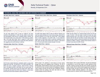 Page 1 of 2
TECHNICAL ANALYSIS: QE INDEX AND KEY STOCKS TO CONSIDER
QE Index: Short-Term – Upmove
The QE Index slipped 0.74% to close at 13,882.49. The Index
touched an intra-day high of 14,052, but was unable to close above
the psychological 14,000 level as it retreated sharply. However, the
trend remains bullish, and a close above 14,000 would be a positive
sign. If the index slips further, there is support at 13,847 and at
13,733. The RSI and the MACD have moved lower after yesterday’s
fall, suggesting some profit booking is underway.
Industries Qatar: Short-Term – Pull back
IQCD formed a bearish Marubozu candlestick pattern to close at the
lowest point of the day. The stock fell 2.1% to close at QR188.0. The
MACD has given a negative crossover, while the RSI is trending
lower. We expect the stock to fall further from its current levels. On
the downside, QR186 would be the first support level, below which
the stock can fall toward the QR184 level. However, a close above
the QR192.50 level would indicate an uptrend for the stock.
Al Rayan Islamic Index: Short-Term – Neutral
The QERI Index slipped 0.55% to close at 4,692.44. Moreover, the
index has closed just below its 21-day moving average, while both the
technical indicators for the index are moving lower. These suggest
there is further weakness in the QERI Index. A move below the
support level of 4,638 would confirm a short-term downtrend for the
index, which can take it down toward 4,550. However, a close above
the 4,770 level would indicate renewed strength in the index.
Nakilat: Short-Term – Upmove
QGTS jumped 1.4% yesterday to move above its 21-day moving
average and close at its resistance level of QR24.90. The RSI is
trending higher, while the MACD is about to give a positive crossover.
An upmove from here can take the stock to its resistance of QR25.30.
If that is broken, the stock can test the level of QR25.90. However,
investors should turn cautious if the stock slips below its 21-day
moving average (currently at QR24.48).
Doha Bank: Short-Term – Upmove
DHBK has been trading in an upward trending channel over the last
couple of months. In the last couple of weeks, the stock has made
gradual advances and is now close to the upper end of the trading
channel. Both the RSI and the MACD are also trending higher. We
believe the stock is likely to continue this uptrend and move toward its
resistance of QR64.0. However, investors should exercise cautioun if
the stock moves below the QR61.40 level.
Medicare Group: Short-Term – Pull Back
MCGS slipped 1.23% to close at QR129.90. The stock has witnessed
a phenomenal run over the last couple of months, gaining by more
than 80%. However, the stock has seen some correction over the last
couple of weeks. MCGS is likely to test its support level of QR126.5. If
this level is broken, the stock can fall to QR122.80. Both the RSI and
the MACD indicate continued weakness in the stock. However,
investors should turn cautious if MCGS closes above QR135.
 