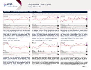 Page 1 of 2 
TECHNICAL ANALYSIS: QE INDEX AND KEY STOCKS TO CONSIDER 
QE Index: Short-Term – Bounce Back 
The QE Index rebounded and rose by around 206 points (1.59%) 
after a sharp fall on Thursday. The index witnessed a gap-up opening 
and reclaimed the 13,000.0 and 13,100.0 levels, thus keeping its 
upward hopes alive. However, the index needs to sustain above 
13,100.0 in order to extend its rebound further toward 13,200.0. On 
the flip side, any retreat below 13,100.0 may drag the index back to 
test the 13,000.0 psychological level. 
Ooredoo: Short-Term – Bounce Back 
ORDS gained 1.03% and bounced-back breaching its important 
resistance of QR126.0. Moreover, the stock developed a bullish 
piercing candlestick formation on the daily chart, which usually 
provides a positive signal. Further, the RSI has turned flat after 
moving down over the past few days. We believe the stock may 
rebound further and proceed toward QR128.0, followed by 
QR129.70. Conversely, any decline below QR126.0 may be bearish. 
Al Rayan Islamic Index: Short-Term – Bounce Back 
The QERI Index snapped its three-day losing streak and ended the 
session in the green with a gain of 1.37%. The index rebounded 
following selling pressure over the past few days and moved above 
the 4,400.0 level. However, traders are advised to wait and watch if 
there is any further follow-through to yesterday’s rebound. The index 
requires another bullish move for confirmation of this rebound. 
Meanwhile, 4,400.0 may provide immediate psychological support. 
Qatari Investors Group: Short-Term – Pullback 
QIGD has been tagging lower lows on the chart and is in declining 
mode since topping the current rally at QR62.40. The MACD line is 
growing in a bearish manner, showing no immediate trend reversal 
signs. We believe the stock may continue to underperform and drift 
down further to test QR51.0. Any sustained weakness below this level 
may pull the stock to test QR49.75. However, QIGD may get some 
relief if it manages to climb above the QR52.20 level. 
Barwa Real Estate Co.: Short-Term – Rebound 
BRES rebounded and gained 2.44% clearing its important resistance 
of QR39.70. The stock developed a bullish Marubozu candlestick 
formation on the daily chart, indicating the current pullback may be 
over. Moreover, there is a bullish divergence on the RSI, while the 
MACD is stalling from the declining mode. If BRES can cling on to 
QR39.70, then the upside targets are QR40.20, followed by QR41.0. 
However, any dip below QR39.70 may result in a pullback. 
Nakilat: Short-Term – Rebound 
QGTS reversed and advanced 2.26% surpassing its resistances of 
QR23.0 and QR23.40, following a decline over the past few days. 
Notably, volumes were also large on the rise, which is a positive sign. 
Further, the stock developed a bullish engulfing candlestick formation, 
indicating a likely continuation of this rebound. With the RSI showing a 
positive divergence, the stock may extend its gains and test QR23.90. 
However, any retreat below QR23.40 may drag the stock down. 
 