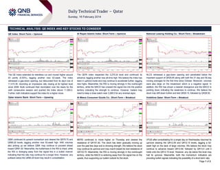 TECHNICAL ANALYSIS: QE INDEX AND KEY STOCKS TO CONSIDER
QE Index: Short-Term – Upmove

Al Rayan Islamic Index: Short-Term – Upmove

National Leasing Holding Co.: Short-Term – Breakdown

The QE Index extended its relentless run and moved higher around
63 points (0.55%), tagging another new 52-week. The index
witnessed a gap-down opening, but rebounded from its day’s low of
11,415.38, recording an impressive rally closing at its highest level
since 2008. Bulls continued their domination over the bears for the
sixth consecutive session and pushed the index above 11,500.0.
Further, both indicators support the index for a higher move.

The QERI Index respected the 3,270.24 level and continued its
advance, tagging another new all-time high. We believe the index has
been in uptrend mode and may continue to accelerate further, tagging
new highs. Meanwhile, the RSI is moving strongly in the overbought
territory, while the MACD has crossed the signal line into the positive
territory indicating the strength to continue. However, traders may
need to keep a close watch near 3,285.0 for any reversal signs.

NLCS witnessed a gap-down opening and penetrated below the
important support of QR29.95 along with both the 21-day and 55-day
moving averages for the first time since October. Moreover, volumes
were also large on the breakdown which is a negative signal. In
addition, the RSI has shown a bearish divergence and the MACD is
pointing down indicating the weakness to continue. We believe the
stock may drift down further and test QR29.15, followed by QR28.50.

Qatar Islamic Bank: Short-Term – Upswing

Al Meera Consumer Goods Co.: Short-Term – Breakout

Vodafone Qatar: Short-Term – Breakout

QIBK continued its upward momentum and cleared the QR79.70 and
QR80.20 levels, tagging another new 52-week high. With volumes
also picking up we believe QIBK may continue to proceed ahead
toward QR81.50. Meanwhile, the bullishness in the RSI is intact, while
the RSI is diverging away from the signal line in a bullish manner
indicating that this rally may continue for a longer time. However, any
pullback below the QR80.20 level may result in consolidation.

MERS continued to move higher on Thursday and cleared the
resistance of QR151.50. The stock has been gradually moving up
over the past few days and is showing strength. We believe the stock
may continue its upmove and may march toward its next resistance of
QR153.70. Meanwhile, the RSI is moving strongly in the overbought
territory, while the MACD is widening away from the signal line on the
upside, thus supporting our bullish outlook for the stock.

VFQS after consolidating for a single day on Wednesday resumed its
upmove clearing the QR12.09 and QR12.15 levels, tagging a 52week high on the back of large volumes. We believe the stock may
continue to advance toward QR12.50, followed by QR13.0 until it
holds onto the QR12.15 level. However, any dip below this level may
halt its upmove. Meanwhile, both the momentum indicators are
providing bullish signals indicating the possibility of a short-term rally.
Page 1 of 2

 