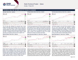 Page 1 of 2
TECHNICAL ANALYSIS: QE INDEX AND KEY STOCKS TO CONSIDER
QE Index: Short-Term – Uptrend
The QE Index after witnessing two consecutive days of profit-
booking, moved higher around 66 points to close at a day’s high of
12,961.40. The index remained in a bullish mode and breached its
important resistance near 12,940.0, which is a positive development.
We believe the index may extend its gains and proceed toward its all-
time high, if it manages to hold onto 12,940.0. However, a retreat
below this level may pull the index back into the congestion zone.
Masraf Al Rayan: Short-Term – Upmove
MARK cleared the resistance of QR48.50 as well as the descending
trendline, after consolidating below it over the past few days.
Moreover, the stock developed a bullish Marubozu candle pattern,
indicating a likely continuation of this upmove. We believe the stock
may rally further to test QR49.75 based on the recent price action and
a spike in volumes. However, a dip below QR48.50 may result in a
pullback. Meanwhile, the RSI is moving up in a bullish manner.
Al Rayan Islamic Index: Short-Term – Neutral
The QERI Index gained around 0.22% after correcting for two straight
days to settle at 4,281.97. However, the index needs to move above
the 4,302.0 level in order to gain further momentum and rally toward
its all-time high of 4,317.91. We believe until the index trades below
4,302.0, it may continue to be range-bound and trade in a narrow
range of 4,250.0 on the downside and 4,302.0 on the upside.
Meanwhile, the indicators are providing mixed signals.
Qatar Electricity & Water Co.: Short-Term – Upmove
QEWS surpassed the resistances of QR184.0 and the 21-day moving
average in a single swoop on the back of large volumes, indicating
rising buying interest. We believe the current higher push has enough
steam to test and surpass its immediate resistance of QR186.0,
targeting the QR188.0 level. However, a retreat below QR184.0 may
drag the stock to test its 21-day moving average. Meanwhile, the RSI
is supporting this bullish sentiment by moving in an upward direction.
Gulf International Services: Short-Term – Upmove
GISS finally managed to move above the key resistance of QR90.0
and the 21-day moving average, after witnessing a sideways
movement over the past few days. Notably, volumes were also high,
indicating that potential buyers are stepping in. The stock faces its
next resistance at QR93.0. If the stock manages to move above this
level, it may trigger a fresh buying interest. Meanwhile, the RSI is
moving up and has enough room before getting overbought.
Barwa Real Estate Co.: Short-Term – Pullback
BRES continued to drift lower and breached its support of the 21-day
moving average on Thursday. Further, volumes were also large on
the decline, which is a negative sign. We believe the stock may not
cling onto its immediate support of QR37.40 and continue its decline
to test QR36.80. However, if the stock manages to remain above
QR37.40, it may halt its pullback. Meanwhile, both the indicators look
weak, indicating that the stock may further move down.
 