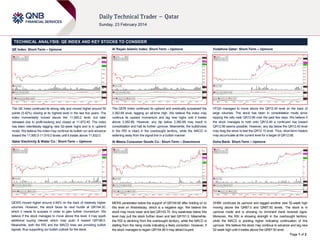 TECHNICAL ANALYSIS: QE INDEX AND KEY STOCKS TO CONSIDER
QE Index: Short-Term – Upmove

Al Rayan Islamic Index: Short-Term – Upmove

Vodafone Qatar: Short-Term – Upmove

The QE Index continued its strong rally and moved higher around 50
points (0.42%) closing at its highest level in the last five years. The
index momentarily moved above the 11,900.0 level, but later
retreated due to profit-booking and closed at 11,872.40. The index
has been relentlessly tagging new 52-week highs and is in uptrend
mode. We believe the index may continue its bullish run and advance
toward the 11,900.0-11,915.0 levels until it trades above 11,832.0.

The QERI Index continued its uptrend and eventually surpassed the
3,382.68 level, tagging an all-time high. We believe the index may
continue its upward momentum and tag new highs until it trades
above 3,382.68. However, any dip below 3,382.68 may result in
consolidation and halt its further upmove. Meanwhile, the bullishness
in the RSI is intact in the overbought territory, while the MACD is
widening away from the signal line in a bullish manner.

VFQS managed to move above the QR12.40 level on the back of
large volumes. The stock has been in consolidation mode since
topping the rally near QR12.66 over the past few days. We believe if
the stock manages to hold onto QR12.40 a continued rise toward
QR12.66 seems possible. However, any dip below the QR12.40 level
may drag the stock to test the QR12.15 level. Thus, short-term traders
may accumulate at the current level for a target of QR12.66.

Qatar Electricity & Water Co.: Short-Term – Upmove

Al Meera Consumer Goods Co.: Short-Term – Downmove

Doha Bank: Short-Term – Upmove

QEWS moved higher around 0.94% on the back of relatively higher
volumes. However, the stock faces its next hurdle at QR194.30,
which it needs to surpass in order to gain further momentum. We
believe if the stock manages to move above this level, it may spark
additional buying interest which may push it toward QR196.0.
Meanwhile, both the RSI and the MACD lines are providing bullish
signals, thus supporting our bullish outlook for the stock.

MERS penetrated below the support of QR154.90 after holding on to
this level on Wednesday, which is a negative sign. We believe the
stock may move lower and test QR153.70. Any weakness below this
level may pull the stock further down and test QR151.0. Meanwhile,
the RSI is declining from the overbought territory, while the MACD is
stalling from the rising mode indicating a likely correction. However, if
the stock manages to regain QR154.90 it may attract buyers.

DHBK continued its upmove and tagged another new 52-week high
moving above the QR67.0 and QR67.50 levels. The stock is in
upmove mode and is showing no imminent trend reversal signs.
Moreover, the RSI is showing strength in the overbought territory,
while the MACD is pointing higher indicating continuation of this
upmove. We believe the stock may continue to advance and tag new
52-week high until it trades above the QR67.50 level.
Page 1 of 2

 