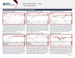 Page 1 of 2 
TECHNICAL ANALYSIS: QSE INDEX AND KEY STOCKS TO CONSIDER 
QSE Index: Short-Term – Upmove 
The QSE Index gained for the second straight session and rose 
around 157 points (1.15%). After a cautious start, the index moved 
from strength to strength and cleared its resistances of the 55-day 
moving average and 13,750.0. We believe the index has now set the 
stage to extend its gains further toward 13,850.0. Meanwhile, both 
the indicators are positively poised. Conversely, the index may find 
support at the 13,750.0 and 13,700.0 levels. 
Gulf International Services: Short-Term – Upmove 
GISS jumped 4.42% and surpassed many important resistances of 
QR122.50, QR124.10 and the 55-day moving average along with the 
descending trendline, which had restricted its bullish move in the past. 
Notably, volumes were also large on the rise, indicating optimism 
among traders. We believe based on the recent price swing, the stock 
may rally further toward QR125.50, followed by QR127.0. However, 
any retreat below QR124.10 may indicate a false breakout. 
Al Rayan Islamic Index: Short-Term – Upmove 
The QERI Index ended the session in the green and extended its 
gains by moving higher around 20 points (0.45%). The index 
remained in upbeat mode and managed to nudge pass its important 
resistance of 4,584.50. With the RSI in buy mode and the MACD 
providing a bullish signal, the index may further continue its rally and 
advance toward 4,639.0. On the flip side, 4,550.0 and 4,529.0 may 
provide immediate support for the index. 
United Development Co.: Short-Term – Pullback 
UDCD has been experiencing a steady decline since penetrating 
below the 21-day moving average. Moreover, the stock dipped below 
its key support of QR26.45, indicating sustained weakness. We 
believe the stock may continue to drift lower and test its immediate 
support of QR26.10. However, UDCD may halt its pullback, if it 
manages to reclaim QR26.45. Meanwhile, both the indicators are in 
downtrend mode, showing no immediate trend reversal signs. 
Industries Qatar: Short-Term – Upmove 
IQCD gained 3.21% and cleared the important resistances of 
QR191.50, QR193.50 and QR194.60 on the back of large volumes in 
a single swoop. Moreover, the stock developed a bullish Marubozu 
candlestick formation, indicating a likely continuation of this upmove. 
Further, the RSI has shown a bullish divergence, indicating strength. 
Traders may consider buying the stock at the current level for an 
immediate target of QR197.70, with a stop loss of QR194.60. 
Milaha: Short-Term – Upmove 
QNNS breached the important resistances of QR98.30 and QR98.80 
after feigning a failure in the past few attempts. Moreover, the stock 
found support of the ascending trendline and ended in a sizable 
bullish candlestick formation, indicating the possibility of a further rise. 
With both the indicators providing bullish signals and spike in 
volumes, the stock may proceed further ahead and test QR100.10. 
However, any dip below QR98.80 may drag the stock down. 
 