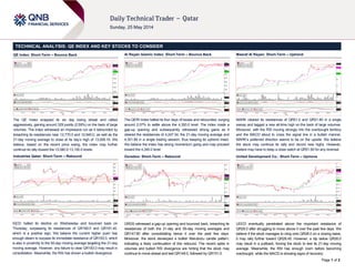 Page 1 of 2
TECHNICAL ANALYSIS: QE INDEX AND KEY STOCKS TO CONSIDER
QE Index: Short-Term – Bounce Back
The QE Index snapped its six day losing streak and rallied
aggressively, gaining around 329 points (2.59%) on the back of large
volumes. The index witnessed an impressive run as it rebounded by
breaching its resistances near 12,770.0 and 12,940.0, as well as the
21-day moving average to close at its day’s high of 13,008.16. We
believe, based on the recent price swing, the index may further
continue its rally toward the 13,080.0-13,100.0 levels.
Industries Qatar: Short-Term – Rebound
IQCD halted its decline on Wednesday and bounced back on
Thursday, surpassing its resistances of QR180.0 and QR181.40,
which is a positive sign. We believe the current higher push has
enough steam to surpass its immediate resistance of QR183.0, which
is also in proximity to the 55-day moving average targeting the 21-day
moving average. However, any failure to clear QR183.0 may result in
consolidation. Meanwhile, the RSI has shown a bullish divergence.
Al Rayan Islamic Index: Short-Term – Bounce Back
The QERI Index halted its four days of losses and rebounded, surging
around 2.07% to settle above the 4,300.0 level. The index made a
gap-up opening and subsequently witnessed strong gains as it
cleared the resistances of 4,247.34, the 21-day moving average and
4,301.89 in a single trading session, thus keeping its uptrend intact.
We believe the index has strong momentum going and may proceed
toward the 4,340.0 level.
Ooredoo: Short-Term – Rebound
ORDS witnessed a gap-up opening and bounced back, breaching its
resistances of both the 21-day and 55-day moving averages and
QR147.80 after consolidating below it over the past few days.
Moreover, the stock developed a bullish Marubozu candle pattern,
indicating a likely continuation of this rebound. The recent spike in
volumes and bullish RSI divergence are hinting that the stock may
continue to move ahead and test QR149.0, followed by QR151.0.
Masraf Al Rayan: Short-Term – Uptrend
MARK cleared its resistances of QR51.0 and QR51.80 in a single
swoop and tagged a new all-time high on the back of large volumes.
Moreover, with the RSI moving strongly into the overbought territory
and the MACD about to cross the signal line in a bullish manner,
MARK’s preferred direction seems to be on the upside. We believe
the stock may continue its rally and record new highs. However,
traders may have to keep a close watch at QR51.80 for any reversal.
United Development Co.: Short-Term – Upmove
UDCD eventually penetrated above the important resistance of
QR26.0 after struggling to move above it over the past few days. We
believe if the stock manages to cling onto QR26.0 on a closing basis,
it may rally further toward QR26.45. However, a dip below QR26.0
may result in a pullback, forcing the stock to test its 21-day moving
average. Meanwhile, the RSI has enough room before becoming
overbought, while the MACD is showing signs of recovery.
 