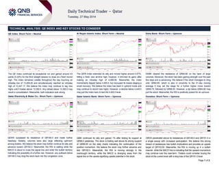 Page 1 of 2
TECHNICAL ANALYSIS: QE INDEX AND KEY STOCKS TO CONSIDER
QE Index: Short-Term – Neutral
The QE Index continued its exceptional run and gained around 43
points (0.32%) for the third straight session to close at a fresh record
high. The index remained volatile throughout the day touching an
intraday low of 13,209.20 and simultaneously reached an intraday
high of 13,447.17. We believe the index may continue to tag new
highs until it trades above 13,350.0. Any retreat below 13,350.0 may
result in consolidation. Meanwhile, both indicators look strong.
Qatar Electricity & Water Co.: Short-Term – Upmove
QEWS surpassed its resistance of QR190.0 and made further
headway. Notably, volumes were also large reflecting optimism
among traders. We believe the stock may further continue its rally and
advance toward QR192.0. Meanwhile, the RSI is stalling while the
MACD is about to cross the signal line and enter the bullish territory
indicating the possibility of a further rise. However, any pullback below
QR190.0 may drag the stock back into the congestion zone.
Al Rayan Islamic Index: Short-Term – Neutral
The QERI Index extended its rally and moved higher around 0.07%,
hitting a fresh new all-time high; however, it trimmed its gains after
making an intraday high of 4,468.06. Meanwhile, the index
momentarily dipped below 4,400.0, but recouped its losses staging a
smart recovery. We believe the index has been in uptrend mode and
may continue to record new highs. However, a decline below 4,445.0
may pull the index back to test the 4,400.0 level.
Qatar Islamic Bank: Short-Term – Upmove
QIBK continued its rally and gained 1% after testing its support at
QR96.0 yesterday. The stock is trading well above its strong support
of QR99.50 on the daily charts indicating the continuation of the
positive momentum. We believe the stock may further advance and
test QR102.0. Meanwhile, the RSI is moving strongly in the
overbought territory, while the MACD is diverging away from the
signal line on the upside signifying upside potential in the stock.
Doha Bank: Short-Term – Upmove
DHBK cleared the resistance of QR64.80 on the back of large
volumes. Moreover, the stock has been gaining strength over the past
few days and is advancing. We believe if the stock manages to cling
onto QR64.80, which is also in proximity to the 21-day moving
average it may set the stage for a further higher move toward
QR65.70, followed by QR66.50. However, a dip below QR64.80 may
pull the stock. Meanwhile, the RSI is positively poised for an upmove.
Ooredoo: Short-Term – Upmove
ORDS penetrated above its resistances of QR149.0 and QR151.0 in
a single swoop with increased participation. We believe this strong
breach of resistances has bullish implications and provides an upside
target of QR153.50. Meanwhile, the RSI is moving up in a bullish
manner, while the MACD line is indicating that the upward momentum
may continue over the near-term. Traders could consider buying the
stock at the current level with a stop loss of the QR151.0 level.
 
