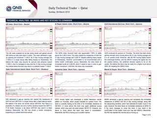 TECHNICAL ANALYSIS: QE INDEX AND KEY STOCKS TO CONSIDER
QE Index: Short-Term – Neutral

Al Rayan Islamic Index: Short-Term – Neutral

Gulf International Services: Short-Term – Upmove

The QE Index snapped its six-day losing streak and gained around
260 points as bulls were back in action. The index witnessed a gapup opening and reclaimed 11,400.0, its 21-day moving average and
11,600.0 in a single swoop after falling sharply on Wednesday. We
believe the index may resume its upmove and advance toward
11,660.0, only if it manages to cling onto the 21-day moving average.
Any retreat below this level may result in a pullback toward 11,520.0.

The QERI Index bounced back and appreciated 1.95% to settle
above the 3,350.0 level. The index cleared its resistances of both the
21-day moving average and 3,329.75, despite suffering heavy losses
on Wednesday. However, accumulation is not recommended until a
further bullish confirmation occurs. Meanwhile, the index faces an
immediate hurdle at 3,382.68, which it needs to clear in order to gain
further momentum. Until then, the index may consolidate.

GISS continued its upmove on Thursday. The stock has been slowly
gaining strength since moving above the 21-day moving average and
is in an upward mode. Moreover, with the RSI moving higher toward
the overbought territory, and the MACD crossing the signal line into
the positive territory, the preferred direction seems to be on the
upside. We believe the stock may be ready for a higher move above
QR91.80, targeting the QR94.0 level.

Qatar International Islamic Bank: Short-Term – Breakout

Industries Qatar: Short-Term – Upmove

Masraf Al Rayan: Short-Term – Breakout

QIIK witnessed a gap-up opening and cleared the resistances of
QR74.40 and QR75.80 in a single swoop after a failed attempt earlier.
We believe if the stock can remain above QR75.80, then there is a
possibility of a steady rise and a further advance toward the QR77.077.50 levels. However, a dip below QR75.80 may result in a false
breakout. Meanwhile, the RSI has shown a bullish divergence,
supporting our positive technical outlook.

IQCD moved higher and developed a bullish Marubozu candle
pattern on Thursday, which usually indicates an upward move. The
stock is currently trading at the brink of its immediate resistance at
QR195.0. A move above this level may spark additional buying
interest, which may push the stock toward QR197.70. However, any
failure to move above this level may result in consolidation.
Meanwhile, the RSI is moving up in a bullish manner.

MARK witnessed a gap-up opening and surpassed the immediate
resistances of QR38.0 and the 21-day moving average, along with
the descending trendline, which had restricted its bullish move in the
past. However, the stock faces an immediate resistance at QR39.10.
If the stock manages to cross this level, it may result in the
confirmation of this bullish move and may test QR40.0. Meanwhile,
the RSI has rejected the mid-line and is moving up.
Page 1 of 2

 