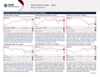 Page 1 of 2
TECHNICAL ANALYSIS: QE INDEX AND KEY STOCKS TO CONSIDER
QE Index: Short-Term – Neutral
The QE Index failed to make any further headway toward the 9,800.0
level and declined around 30 points (-0.30%) to close at 9,731.50, to
end the three consecutive day gains witnessed last week. The index
is currently trading close to its support of the 55-day moving average
(currently at 9,706.96). If the index penetrates below this level on a
closing basis, it would indicate a bearish sign and may test 9,670.0.
Conversely, if the index manages to hold this level, it may advance.
Industries Qatar: Short-Term – Pull Back
After failing to move above the descending trendline after two
repeated attempts last week, IQCD finally caved in to selling pressure
yesterday. We believe although IQCD is trading close to its immediate
support of the 21-day moving average (currently at QR151.19), it
might not cling on to it and decline further to test QR150.20.
Moreover, the RSI is moving lower from the midline indicating
weakness, thus supporting our bearish outlook for the stock.
Al Rayan Islamic Index: Short-Term – Neutral
The QERI Index reversed and fell by around 12 points (-0.42%) to
close the session at 2,793.43 after registering strong gains over the
past two days. The index breached below the support of the 2,800.0
psychological level along with the 55-day moving average (currently
at 2,799.54) as lack of buying interest pushed the prices lower. The
index needs to reclaim the 55-day moving average in order to keep its
up move intact; else it may retreat to test 2,782.0.
United Development Co.: Short-Term – Pull Back
UDCD moved higher yesterday but did not sustain above the 55-day
moving average (currently at QR22.22), indicating the chances of a
countertrend move. Moreover, the stock developed a Doji pattern
which is often used to suggest a shift in the direction of the trend. We
believe the stock may drift lower to test QR22.0. Any sustained selling
pressure below this level may even pull the stock to test QR21.70.
However, traders may watch out for QR22.22 for any reversal sign.
Widam Food Co.: Short-Term – Pull Back
WDAM dipped below the supports of the 21-day moving average
(currently at QR51.20) and QR51.0 yesterday. Moreover, the stock
developed a bearish Marubozu Candle pattern indicating that the
stock may correct from the current level. With both the RSI and
MACD lines pointing down, the preferred direction for the stock
appears to be on the downside, which may test QR50.0. However, if
the stock manages to climb above QR51.0, it may attract buyers.
Gulf International Services: Short-Term – Pull Back
After registering gains on Wednesday and Thursday, GISS started
this week on a high note but reversed and closed near its open
indicating exhaustion on the part of buyers. Moreover, GISS
developed a shooting star pattern, which often leads to either
consolidation or decline in coming days and test its immediate support
at QR53.70. If the stock penetrates below this level on a closing basis,
it may witness further selling pressure and test QR53.0.
 