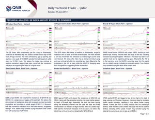 Page 1 of 2
TECHNICAL ANALYSIS: QE INDEX AND KEY STOCKS TO CONSIDER
QE Index: Short-Term – Uptrend
The QE Index, after consolidating just for a day on Wednesday,
continued its relentless rally and closed at a fresh record high on the
back of huge volumes. The index witnessed a gap-up opening and
reached a new peak of 13,909.87, but later trimmed its gains to settle
near the 13,700.0 mark. We believe the index may continue its
positive momentum tagging new highs, since both the momentum
indicators are supporting the index for a higher move.
Qatar Islamic Bank: Short-Term – Upmove
QIBK jumped 8.06% and breached the resistances of QR107.80 and
QR109.0 in a single swoop, tagging a 52-week high. We believe this
strong breach of resistances along with increased volumes has bullish
implications and provides an upside target of QR111.0. Moreover,
both the momentum indicators are in the bullish territory, suggesting
strength. Thus, traders may consider buying this stock at the current
level with a stop loss of QR106.50.
Al Rayan Islamic Index: Short-Term – Uptrend
The QERI Index, after taking a breather on Wednesday, surged a
massive 4.05% to close at its fresh all-time highs. The index showed
a one-way movement and witnessed no reversal signs as the bulls
went berserk. We believe the index has a strong momentum going
and may continue its bullish run, recording new highs. Meanwhile, the
bullishness in the RSI is intact, while the MACD is diverging away
from the signal line, suggesting further acceleration.
Barwa Real Estate Co.: Short-Term – Upmove
BRES gained 7.60% and cleared the resistances of QR41.40 and
QR42.0 along with the ascending trendline in a single trading session,
to reach a 52-week high. Meanwhile, the stock has been moving
along the ascending channel over the past few days and finally
moved above it on the back of large volumes, which is a positive sign.
With both the momentum indicators in the buy-zone, we believe the
stock may continue its upmove targeting the QR44.50 level.
Masraf Al Rayan: Short-Term – Uptrend
MARK moved above QR59.90 and surged 9.88%, touching a fresh
all-time high. Notably, volumes were also large on the rise, indicating
increased buyers participation. Moreover, the stock has been in an
uptrend mode and is registering strong gains. Meanwhile, the RSI is
in the buy-zone, while the MACD is widening away from the signal
line in a bullish manner, indicating a continued uptrend. Thus, traders
may consider buying this stock at the current level.
Vodafone Qatar: Short-Term – Uptrend
VFQS swelled 9.95% and tagged a new all-time high on the back of
large volumes on Thursday. Moreover, the stock closed at a sizable
bullish candle formation, signifying it may attract further buying
interest. Further, the RSI is moving strongly into the overbought
territory, while the MACD has crossed the signal line into the positive
territory, indicating further upside. Traders may consider buying this
stock at the current level and on dips up to QR20.0.
 