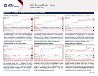 Page 1 of 2
TECHNICAL ANALYSIS: QE INDEX AND KEY STOCKS TO CONSIDER
QE Index: Short-Term – Neutral
The QE Index continued its decline for the third straight session and
fell marginally around 6 points (-0.05%). The index momentarily
dipped below 11,338.41, but later managed to close at 11,343.38.
However, traders may need to keep a close watch on the support at
the 11,338.41 level, as a close below this level may trigger a sell-off.
On the other hand, the index may advance toward 11,400.0 if it
manages to cling onto the 11,338.41 level.
United Development Co.: Short-Term – Upmove
UDCD rebounded and breached the resistance of QR22.0 on the
back of increased volumes, which is a positive sign. We believe if
UDCD can stay above QR22.0 on a closing basis, then it may set the
stage to test and surpass the 21-day moving average, targeting the
QR22.20 level. However, a dip below QR22.0 may pull the stock to
test QR21.70. Meanwhile, the RSI is moving up toward the mid-line,
while the MACD has crossed the signal line into positive territory.
Al Rayan Islamic Index: Short-Term – Neutral
The QERI Index continued its upmove and rose by 0.61%, after
consolidating for a single day on Wednesday. The index witnessed a
gap-up opening, but later faced selling pressure as bears pushed the
index closer to 3,400.0. However, the index registered a striking rally
as it rebounded from its intraday low of 3,403.63 and closed above its
resistance of 3,432.36. Meanwhile, the index needs to hold onto this
level in order to advance further, or else it may retest 3,409.71.
Vodafone Qatar: Short-Term – Breakout
VFQS continued to move higher on Thursday and breached the
resistances of QR12.09 and the 21-day moving average in a single
swoop. Moreover, the stock has been gaining strength over the past
few days and is moving up. With both indicators providing bullish
signals, we believe the stock may be ready for a move above
QR12.25, targeting the QR12.40 level. However, a close below the
21-day moving average may result in a pullback.
Qatar Electricity & Water Co.: Short-Term – Downmove
QEWS witnessed a gap-up opening but later faced selling pressure
and penetrated below the support of QR168.0. The stock has been
encountering stiff resistance from the 21-day moving average and the
descending trendline over the past few days. Meanwhile, the stock
developed a bearish Marubozu candle pattern, indicating continuation
of this downmove. Further, with both indicators pointing down, QEWS
is likely to test QR167.19 followed by the QR165.36 level.
Ooredoo: Short-Term – Downmove
ORDS dipped below the support of QR139.90 on Wednesday and
continued its decline on Thursday, moving below the support of
QR138.50 on the back of large volumes. Moreover, with both
momentum indicators in a downtrend mode, the preferred direction for
ORDS seems to be on the downside. We believe although the stock
is trading close to its immediate support of QR136.0, it is unlikely that
it may hold onto it and may drift down further to test QR133.90.
 
