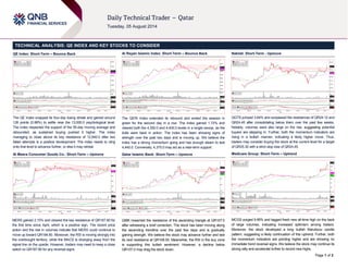Page 1 of 2
TECHNICAL ANALYSIS: QE INDEX AND KEY STOCKS TO CONSIDER
QE Index: Short-Term – Bounce Back
The QE Index snapped its four-day losing streak and gained around
126 points (0.98%) to settle near the 13,000.0 psychological level.
The index respected the support of the 55-day moving average and
rebounded, as sustained buying pushed it higher. The index
managing to close above its key resistance of 12,940.0 after two
failed attempts is a positive development. The index needs to cling
onto that level to advance further, or else it may retreat.
Al Meera Consumer Goods Co.: Short-Term – Upmove
MERS gained 2.15% and cleared the key resistance of QR187.80 for
the first time since April, which is a positive sign. The recent price
action and the rise in volumes indicate that MERS could continue to
move up toward QR194.80. Moreover, the RSI is moving strongly into
the overbought territory, while the MACD is diverging away from the
signal line on the upside. However, traders may need to keep a close
watch on QR187.80 for any reversal signs.
Al Rayan Islamic Index: Short-Term – Bounce Back
The QERI Index extended its rebound and ended the session in
green for the second day in a row. The index gained 1.72% and
cleared both the 4,350.0 and 4,400.0 levels in a single swoop, as the
bulls were back in action. The index has been showing signs of
strength over the past two days and is moving up. We believe the
index has a strong momentum going and has enough steam to test
4,445.0. Conversely, 4,375.0 may act as a near-term support.
Qatar Islamic Bank: Short-Term – Upmove
QIBK breached the resistance of the ascending triangle at QR107.0
after witnessing a brief correction. The stock has been moving along
the ascending trendline over the past few days and is gradually
gaining strength. We believe the stock may advance further and test
its next resistance at QR109.50. Meanwhile, the RSI in the buy zone
is supporting this bullish sentiment. However, a decline below
QR107.0 may drag the stock down.
Nakilat: Short-Term - Upmove
QGTS jumped 3.64% and surpassed the resistances of QR24.12 and
QR24.45 after consolidating below them over the past few weeks.
Notably, volumes were also large on the rise, suggesting potential
buyers are stepping in. Further, both the momentum indicators are
rising in a bullish manner, indicating a likely higher move. Thus,
traders may consider buying the stock at the current level for a target
of QR25.30 with a strict stop loss of QR24.45.
Medicare Group: Short-Term – Uptrend
MCGS surged 9.95% and tagged fresh new all-time high on the back
of large volumes, indicating increased optimism among traders.
Moreover, the stock developed a long bullish Marubozu candle
pattern, suggesting a likely continuation of this uptrend. Further, both
the momentum indicators are pointing higher and are showing no
immediate trend reversal signs. We believe the stock may continue its
strong rally and accelerate further to record new highs.
 