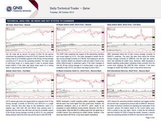 Page 1 of 2
TECHNICAL ANALYSIS: QE INDEX AND KEY STOCKS TO CONSIDER
QE Index: Short-Term – Neutral
The QE Index fell by around 16 points (-0.15%) for the second
consecutive day yesterday to close at 9,716.43. However, the index is
trading close to its immediate supports of the 55-day moving average
(currently at 9,711.38) and the ascending trendline. The index needs
to hold these levels on a closing basis in order to proceed ahead
toward 9,800.0. If the index dips below these levels on a closing
basis, it may prompt it to test the 9,670.0 level.
Nakilat: Short-Term – Pull Back
QGTS opened gap-down and dipped below its supports of the 21-day
moving average (currently at QR19.44) and QR19.34 in a single
swoop. Volumes were also large on the breakdown, which is a
negative sign. With both RSI and MACD lines pointing lower, it
appears that the stock may drift lower and test its immediate support
of the 55-day moving average (currently at QR19.15). Any sustained
selling pressure below this level may pull the stock to test QR18.98.
Al Rayan Islamic Index: Short-Term – Neutral
The QERI Index respected the support of the descending trendline
and moved higher by 0.21%. The index managed to reclaim the 55-
day moving average (currently at 2,799.08), thus keeping its upmove
intact. However traders are advised to wait and watch if there is any
further follow-through to yesterday’s gains. If the index manages to
hold the 55-day moving average on a closing basis, it may open a
possibility to test 2,815.0, any failure may drag it to test 2,782.0.
Al Meera Consumer Good Co.: Short-Term – Bounce Back
MERS developed a bullish engulfing pattern yesterday, suggesting
that the stock may move higher from the current level. However, the
significant resistance area is at QR137.0, which needs to be
surpassed to spark additional buying interest. Moreover, the RSI is
moving higher, while the MACD is drifting away from the signal line in
a bullish manner, thus reinforcing our bullish outlook. However, if the
stock dips below QR135.50, it may have bearish implications.
Qatar Islamic Bank: Short-Term – Pull Back
QIBK penetrated below the 21-day moving average (currently at
QR68.31) yesterday. The stock has been stuck below the 55-day
moving average (currently at QR68.94) over the past few weeks,
which has restricted its bullish move. Moreover, QIBK developed a
bearish engulfing candle pattern indicating a likely correction from the
current level, targeting the QR67.80 level. However, if the stock
manages to reclaim the QR68.31 level, it may halt its downmove.
Gulf International Services: Short-Term – Bounce Back
GISS cleared the ascending trendline resistance and tagged another
new all-time high, surpassing its previous best of QR54.40. Moreover,
the bullish momentum indicators are signaling the continuation of the
near-term uptrend. We believe based on the current higher push,
GISS is poised to tag new highs. Hence, it looks like the preferred
near-term direction for GISS is toward the upside. However, a decline
below the ascending trendline at QR54.50 may halt its bullish trend.
 