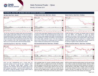 TECHNICAL ANALYSIS: QE INDEX AND KEY STOCKS TO CONSIDER
QE Index: Short-Term – Neutral

Al Rayan Islamic Index: Short-Term – Neutral

Widam Food Co.: Short-Term – Pull Back

The QE Index reversed from slipping further down and developed a
bullish engulfing candle pattern. Moreover, the index took support of
the ascending trendline and moved higher to surpass its resistance of
9,669.06, thus indicating a false breakdown. The index now needs to
hold on to this level in order to proceed ahead toward 9,700.0, which
is also in proximity to the 21-day moving average. However, any
failure to do so may pull the index to test the ascending trendline.

The QERI Index moved higher marginally by around (0.08%) to close
the session at 2,783.59. The index opened gap-down but later moved
higher, forming a bullish engulfing candle pattern and penetrated just
above the resistance of 2,782.80. Accumulation is not recommended
until a further bullish confirmation occurs. If the index manages to
cling on to the 2,782.80 level on a closing basis, then it may stand a
chance of testing and surpassing both its moving averages.

WDAM fell sharply on Thursday and breached below its important
level near QR50.0. This breakdown of support has bearish
implications and provides a further downside target of QR48.0. The
RSI is moving down further in the oversold territory, while the MACD
is widening away further with the signal line in a negative manner
showing no immediate trend reversal signs. Thus the prognosis for
the near-term suggests a further downside for WDAM.

United Development Co.: Short-Term – Pull Back

Gulf International Services: Short-Term – Pull Back

Al Meera Consumer Good Co.: Short-Term – Pull Back

UDCD has been underperforming and is moving along the
descending trendline over the past few days. Yesterday, UDCD
formed a red Marubozu Candle pattern, indicating a likely
continuation of the downtrend. With the RSI pointing lower and the
MACD growing more bearish, it looks like UDCS’s preferred nearterm direction is toward the downside. The lower support comes at
the QR21.16 level, followed by the QR20.75 level.

GISS penetrated below the long-term ascending trendline support
near QR56.55, which is a negative sign for the stock. We believe the
stock after tagging an all-time high level a few days back, is in need of
some consolidation or correction before making its next move. With
the RSI moving lower and the MACD about to converge with the
signal line into the negative territory, it seems GISS may be heading
lower to test QR56.0. A close above the trendline may attract buyers.

MERS has been experiencing selling pressure over the past two days
since it failed to surpass the descending trendline. Moreover, MERS
breached below the ascending trendline yesterday and developed a
bearish Marubozu Candle pattern, indicating a likely continuation of
the downmove. Although the stock is trading close to its immediate
support of QR136.0, it is unlikely that it may cling on to it and may
move lower to test QR135.0. Both indicators are moving down.
Page 1 of 2

 