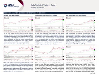 Page 1 of 2
TECHNICAL ANALYSIS: QE INDEX AND KEY STOCKS TO CONSIDER
QE Index: Short-Term – Pullback
The QE Index declined around 58 points (-0.45%) to close the
session at 12,912.81. The index witnessed a gap-up opening and
momentarily moved above the 13,020.0 level, but took a U-turn from
its intraday high of 13,043.69 and penetrated below its key support of
12,940.0. We believe the index may continue to drift lower and
witness further weakness if it fails to climb above 12,940.0. However,
the bias may become positive if the index reclaims 12,940.0.
Commercial Bank of Qatar: Short-Term – Downmove
CBQK continued its declining run after penetrating below its support
of QR65.75 on Tuesday. Moreover, the stock has been experiencing
selling pressure since topping the rally at QR71.80 and is registering
losses. We believe with volumes picking up on the decline and both
the indicators looking weak, the stock may not cling onto its support of
QR64.92 and further drift down to test QR64.15. However, if the stock
stays above QR64.92 it may attempt a rebound.
Al Rayan Islamic Index: Short-Term – Pullback
The QERI Index continued to move south for the fourth straight
session and shed around -0.61% to close the session at 4,331.74.
The index made a strong opening, but failed to hold onto its gains and
reversed from its day’s high, breaching its important support of
4,341.10. We believe the bears may continue to dominate the bulls
until the index stays below the 4,341.10 level and drag it lower toward
4,300.0. Conversely, a move above 4,341.10 may attract buyers.
United Development Co.: Short-Term – Pullback
UDCD has been drifting lower since moving below the 21-day moving
average and further dipped below its support of QR25.30. Notably,
volumes were also large on the decline which is a negative signal.
Moreover, the negative slope of the RSI and MACD lines indicates
that the stock may continue its decline. Thus, traders could consider
selling the stock at the current level for a first target of QR24.75,
followed by the 55-day moving average with a stop loss of QR25.30.
Qatar Islamic Bank: Short-Term – Rebound
QIBK gained 0.30% and continued to move higher yesterday.
Moreover, the stock found support of the 21-day moving average and
ended developing a sizable bullish candlestick formation on the daily
charts, indicating a likely continuation of this rebound. Further, the RSI
is in the buy zone supports this bullish sentiment. Traders could
consider buying the stock at the current level and on declines up to
QR99.00 for a target of QR100.0 with a stop loss of QR98.84.
Masraf Al Rayan: Short-Term – Pullback
MARK failed to make any further headway above QR55.0 and
extended its losses by moving lower. Therefore, QR55.0 poses a
hurdle which the stock must overcome to advance further.
Meanwhile, the stock has been moving along the descending
trendline over the past few days and is in declining mode. We believe
the stock may continue to drift lower and test QR52.30, followed by
QR51.80. Further, both the indicators are providing bearish signals.
 