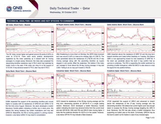 TECHNICAL ANALYSIS: QE INDEX AND KEY STOCKS TO CONSIDER
QE Index: Short-Term – Neutral

Al Rayan Islamic Index: Short-Term – Neutral

Qatar Islamic Bank: Short-Term – Bounce Back

The QE Index moved higher and gained around 90 points (0.93%) to
close at 9,733.19. There were some positive developments
registered by the index yesterday as it cleared both its moving
averages in a single swoop. Moreover, the index also surpassed the
descending trendline resistance near 9,700.0 which had restricted its
bullish move in the past. If the index can cling on to the support of
9,723.94, it may advance toward 9,770.0, else may test 9,700.0.

After threatening to move down on Monday, the QERI Index reversed
and rose around 0.42% to close at its intraday high of 2,786.70. The
index penetrated above the resistances of 2,782.80 and the 21-day
moving average along with the ascending trendline as buyers
stepped in and quickly offset the weakness. We believe if the index
can manage to move above the 55-day moving average, it may test
2,800. Failing to do so may pull it toward 2,782.80.

QIBK breached above the resistance of QR67.30 and the long term
bearish trendline and made further headway on Tuesday. We believe
QIBK is now approaching toward its next resistance of QR67.80. If
the stock can penetrate above this level it may confirm that an
upmove is underway. The RSI is supporting this bullish sentiment by
providing a bullish divergence, while the MACD is also about to cross
the signal line into positive territory.

Doha Bank: Short-Term – Bounce Back

Industries Qatar: Short-Term – Bounce Back

Vodafone Qatar: Short-Term – Bounce Back

DHBK respected the support of the ascending trendline and moved
higher to surpass both its resistances of QR54.50 and QR55.10 for
the first time since August. Moreover, the stock developed a bullish
Marubozu Candle pattern indicating a further rise in stock price. We
believe this strong breakout has bullish implications and may test
QR56.30. Meanwhile, the RSI is moving upward in a strong manner.
However, a dip below QR55.10 may result in consolidation.

IQCD cleared its resistances of the 55-day moving average and the
long term descending trendline at QR154.75 in a single trading
session. Moreover, IQCD developed a bullish Marubozu Candle
pattern indicating the stock may advance further from the current level
and test QR155.90. With both RSI and MACD lines moving higher, it
looks like the preferred direction for IQCD is on the upside. However,
a dip below QR154.75 may indicate a false breakout.

VFQS respected the support of QR9.0 and advanced to breach
above the resistances of the 21-day moving average and the
descending trendline. We believe the current higher push has enough
steam to surpass the 55-day moving average targeting the QR9.14
level. Moreover, the RSI has also shown a bullish divergence, thus
supporting our bullish view on the stock. Conversely, QR9.04 may be
the level to watch out for traders in case of any reversal signs.
Page 1 of 2

 