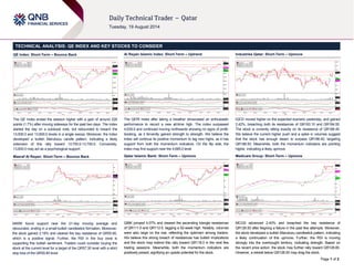 Page 1 of 2
TECHNICAL ANALYSIS: QE INDEX AND KEY STOCKS TO CONSIDER
QE Index: Short-Term – Bounce Back
The QE Index ended the session higher with a gain of around 228
points (1.7%) after moving sideways for the past two days. The index
started the day on a subdued note, but rebounded to breach the
13,500.0 and 13,600.0 levels in a single swoop. Moreover, the index
developed a bullish Marubozu candle pattern, indicating a likely
extension of this rally toward 13,700.0-13,750.0. Conversely,
13,600.0 may act as a psychological support.
Masraf Al Rayan: Short-Term – Bounce Back
MARK found support near the 21-day moving average and
rebounded, ending in a small bullish candlestick formation. Moreover,
the stock gained 2.19% and cleared the key resistance of QR55.80,
which is a positive signal. Further, the RSI in the buy zone is
supporting this bullish sentiment. Traders could consider buying the
stock at the current level for a target of the QR57.30 level with a strict
stop loss of the QR55.80 level.
Al Rayan Islamic Index: Short-Term – Uptrend
The QERI Index after taking a breather showcased an enthusiastic
performance to record a new all-time high. The index surpassed
4,639.0 and continued moving northwards showing no signs of profit-
booking, as it fervently gained strength to strength. We believe the
index will continue its positive momentum to tag new highs, as it has
support from both the momentum indicators. On the flip side, the
index may find support near the 4,685.0 level.
Qatar Islamic Bank: Short-Term – Upmove
QIBK jumped 4.07% and cleared the ascending triangle resistances
of QR111.0 and QR112.5, tagging a 52-week high. Notably, volumes
were also large on the rise, reflecting the optimism among traders.
We believe this strong breach of resistances has bullish implications
and the stock may extend this rally toward QR118.0 in the next few
trading sessions. Meanwhile, both the momentum indicators are
positively poised, signifying an upside potential for the stock.
Industries Qatar: Short-Term – Upmove
IQCD moved higher on the expected scenario yesterday, and gained
2.42%, breaching both its resistances of QR183.10 and QR184.50.
The stock is currently sitting exactly on its resistance of QR186.40.
We believe the current higher push and a spike in volumes suggest
that the stock has enough steam to surpass QR186.40, targeting
QR188.50. Meanwhile, both the momentum indicators are pointing
higher, indicating a likely upmove.
Medicare Group: Short-Term – Upmove
MCGS advanced 2.40% and breached the key resistance of
QR126.50 after feigning a failure in the past few attempts. Moreover,
the stock developed a bullish Marubozu candlestick pattern, indicating
a likely continuation of this upmove. Further, the RSI is moving
strongly into the overbought territory, indicating strength. Based on
the recent price action, the stock may further rally toward QR128.80.
However, a retreat below QR126.50 may drag the stock.
 