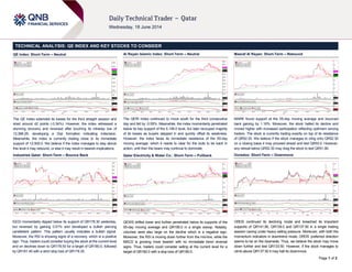 Page 1 of 2
TECHNICAL ANALYSIS: QE INDEX AND KEY STOCKS TO CONSIDER
QE Index: Short-Term – Neutral
The QE Index extended its losses for the third straight session and
shed around 42 points (-0.34%). However, the index witnessed a
stunning recovery and reversed after touching its intraday low of
12,366.29, developing a Doji formation indicating indecision.
Meanwhile, the index is currently trading close to its immediate
support of 12,500.0. We believe if the index manages to stay above
this level it may rebound, or else it may result in bearish implications.
Industries Qatar: Short-Term – Bounce Back
IQCD momentarily dipped below its support of QR178.30 yesterday,
but reversed by gaining 0.51% and developed a bullish piercing
candlestick pattern. This pattern usually indicates a bullish signal.
Moreover, the RSI is showing signs of a recovery, which is a positive
sign. Thus, traders could consider buying the stock at the current level
and on declines down to QR178.50 for a target of QR180.0, followed
by QR181.40 with a strict stop loss of QR178.30.
Al Rayan Islamic Index: Short-Term – Neutral
The QERI Index continued to move south for the third consecutive
day and fell by -0.09%. Meanwhile, the index momentarily penetrated
below its key support of the 4,148.0 level, but later recouped majority
of its losses as buyers stepped in and quickly offset its weakness.
However, the index faces its immediate resistance of the 55-day
moving average, which it needs to clear for the bulls to be back in
action; until then the bears may continue to dominate.
Qatar Electricity & Water Co.: Short-Term – Pullback
QEWS drifted lower and further penetrated below its supports of the
55-day moving average and QR185.0 in a single swoop. Notably,
volumes were also large on the decline which is a negative sign.
Moreover, the RSI is moving down further from the mid-line, while the
MACD is growing more bearish with no immediate trend reversal
signs. Thus, traders could consider selling at the current level for a
target of QR182.0 with a stop loss of QR185.0.
Masraf Al Rayan: Short-Term – Rebound
MARK found support at the 55-day moving average and bounced
back gaining by 1.16%. Moreover, the stock halted its decline and
moved higher with increased participation reflecting optimism among
traders. The stock is currently trading exactly on top of its resistance
of QR52.30. We believe if the stock manages to cling onto QR52.30
on a closing basis it may proceed ahead and test QR55.0. However,
any retreat below QR52.30 may drag the stock to test QR51.80.
Ooredoo: Short-Term – Downmove
ORDS continued its declining mode and breached its important
supports of QR141.80, QR139.0 and QR137.50 in a single trading
session caving under heavy selling pressure. Moreover, with both the
momentum indicators in downtrend mode, ORDS’ preferred direction
seems to be on the downside. Thus, we believe the stock may move
down further and test QR133.50. However, if the stock manages to
climb above QR137.50 it may halt its downmove.
 