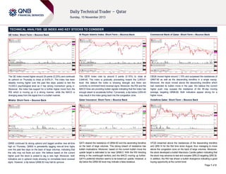 TECHNICAL ANALYSIS: QE INDEX AND KEY STOCKS TO CONSIDER
QE Index: Short-Term – Bounce Back

Al Rayan Islamic Index: Short-Term – Bounce Back

Commercial Bank of Qatar: Short-Term – Bounce Back

The QE Index moved higher around 24 points (0.23%) and continued
its uptrend on Thursday to close at 9,976.21. The index has been
steadily moving higher over the past few days; poised to test the
10,000.0 psychological level as it has strong momentum going in.
Moreover, the index has support for a further higher move from the
RSI which is moving up in a strong manner, while the MACD is
diverging away from the signal line in a bullish manner.

The QERI Index rose by around 5 points (0.15%) to close at
2,846.85. The index is gradually proceeding toward the 2,853.61
level. We believe the index is showing strength and there are
currently no imminent trend reversal signs. Moreover, the RSI and the
MACD lines are providing bullish signals indicating that the index has
enough steam to accelerate further. Conversely, a dip below 2,835.40
may result in the index going back into the congestion zone.

CBQK moved higher around 1.19% and surpassed the resistances of
QR67.90 as well as the descending trendline in a single swoop.
Moreover, the stock moved above the descending trendline which
had restricted its bullish move in the past. We believe the current
higher push may surpass the resistance of the 55-day moving
average, targeting QR68.60. Both indicators appear strong for a
higher move.

Milaha: Short-Term – Bounce Back

Qatar Insurance: Short-Term – Bounce Back

Vodafone Qatar: Short-Term – Bounce Back

QNNS continued its strong uptrend and tagged another new all-time
high on Thursday. QNNS is persistently tagging new-all time highs
over the past few days on the back of large volumes, indicating that
this rally may not fizzle out soon. We believe based on the current
higher push the stock is poised to tag a new high. Moreover, both
indicators are in uptrend mode showing no immediate trend reversal
signs. However, a dip below QR88.50 may halt its upmove.

QATI cleared the resistance of QR64.60 and the ascending trendline
on the back of large volumes. This strong breach of resistance has
bullish implications. Moreover, based on the current bullish move the
upside target is estimated to be near QR66.0. With the RSI trending
strong in the overbought territory and the MACD moving up further,
QATI’s preferred direction seems to be toward an upside. However, a
dip below the QR64.90 level may indicate a false breakout.

VFQS breached above the resistances of the descending trendline
and QR9.14 for the first time since August, thus managing to move
above the congestion zone on the back of large volumes. Moreover,
the stock developed a bullish Marubozu Candle pattern indicating that
the stock may advance to test and surpass QR9.23 targeting QR9.30.
In addition, the RSI has shown a bullish divergence indicating a good
buying opportunity at the current level.
Page 1 of 2

 