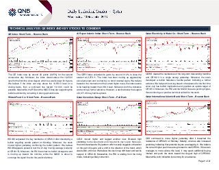 TECHNICAL ANALYSIS: QE INDEX AND KEY STOCKS TO CONSIDER
QE Index: Short-Term – Bounce Back

Al Rayan Islamic Index: Short-Term – Bounce Back

Qatar Electricity & Water Co.: Short-Term – Bounce Back

The QE Index rose by around 26 points (0.25%) for the second
consecutive day. Moreover, the index closed above the 10,050.0
level for the first time since August, which is a positive sign for buyers.
We believe if the index can stay above the 10,050.0 level on a
closing basis, then a continued rise toward 10,100.0 could be
possible. Meanwhile, the RSI and the MACD lines are supporting this
bullish sentiment by remaining in strong uptrend mode.

The QERI Index extended its gains by around 0.14% to close the
session at 2,879.11. The index has been moving up aggressively
since last week and is showing no trend reversal signs. We believe
based on the momentum of the current higher move, the index seems
to be heading toward the 2,900.0 level. Moreover, both the indicators
are favoring a further advance. However, a decline below the support
of 2,871.69 may halt its uptrend.

QEWS cleared the resistances of the long-term descending trendline
and QR162.0 in a single swoop yesterday. Moreover, the stock
developed a bullish Marubozu Candle pattern indicating a further
advance. We believe this strong breach of resistance for the first time
since July has bullish implications and provides an upside target of
QR165.0. Moreover, the RSI and the MACD lines are pointing higher,
thus reinforcing our positive technical outlook for the stock.

Widam Food Co.: Short-Term – Bounce Back

Qatari Investors Group: Short-Term – Pull Back

Qatar International Islamic Bank: Short-Term – Bounce Back

WDAM surpassed the key resistance of QR48.0 after developing a
bullish engulfing candle pattern on Monday. Moreover, the stock
moved higher yesterday confirming the bullish pattern. We believe
WDAM appears poised to test the 21-day moving average (currently
at QR49.15). Moreover, the RSI has shown a bullish divergence and
is moving up toward the mid-line, while the MACD is about to
converge the signal line into the positive territory.

QIGD moved higher and tagged another new 52-week high
yesterday, but reversed later and closed at its day’s open. Moreover,
the stock developed a Doji pattern which usually suggests exhaustion
on the part of buyers and a shift in the direction of the trend, which
was bullish until now. We believe the stock may drift lower and test its
support of QR32.30. Meanwhile, the RSI is stalling from the rising
mode, indicating a likely correction.

QIIK continued to move higher yesterday after it breached the
resistance of QR58.20 on Monday. Notably, volumes also increased
yesterday indicating that potential buyers are stepping in. We believe
the current higher push has enough steam to test QR59.0. If the stock
manages to move above this level, it may spark additional buying
interest and push the stock toward the August high of QR59.80.
Meanwhile, both indicators look strong for an advance.
Page 1 of 2

 