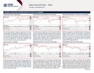 TECHNICAL ANALYSIS: QE INDEX AND KEY STOCKS TO CONSIDER
QE Index: Short-Term – Bounce Back

Al Rayan Islamic Index: Short-Term – Bounce Back

Qatar Electricity & Water Co.: Short-Term – Bounce Back

The QE Index continued its uptrend and rallied around 57 points
(0.56%) tagging a new 52-week high, surpassing its previous best of
10,109.50 back in August. Moreover, the index cleared the 10,100.0
mark on the back of large volumes and closed at its highest level
since 2008. We believe the index is currently in strong uptrend mode
and may now approach the 10,200.0 level. Meanwhile, both
momentum indicators are moving up in a bullish manner.

The QERI Index moved higher around 0.36% to close at 2,889.36.
The index is registering strong gains since last week and is showing
strength to move higher toward the 2,900.0 level. We believe the
recent price action and pick-up in volumes indicate that this rally may
not fizzle out soon. Meanwhile, the RSI is trending strong in the
overbought territory, while the MACD is diverging away from the
signal line with no near-term trend reversal signs.

QEWS open gapped-up and penetrated above the resistance of
QR165.0 yesterday. The gains were supported by rising volumes,
indicating further strength in the price action. Meanwhile, the
bullishness in the RSI is intact, while the MACD is moving further
away from the signal line on the upside. We believe the stock is
moving up aggressively over the past two days; it may test and
surpass QR167.0 targeting QR169.80.

Milaha: Short-Term – Pull Back

United Development Co.: Short-Term – Bounce Back

Industries Qatar: Short-Term – Bounce Back

QNNS dipped below the support of QR87.30 yesterday after topping
the rally near QR89.0. The stock is experiencing selling pressure and
is underperforming over the past few days. We believe QNNS may
drift lower and test support at QR86.0, which is also in proximity to the
21-day moving average (currently at QR86.0). Moreover, with both
the RSI and the MACD lines moving down, it seems QNNS’ preferred
direction is toward the downside.

UDCD moved higher by around 1.27% yesterday on the back of large
volumes indicating rising buying interest. The stock is currently at the
threshold of the QR23.15 resistance level. Given the strong
momentum indicators, which are pointing higher it looks like UDCD
may be ready for a breakout above this level and may test QR23.55,
thus reinforcing our bullish view on the stock. However, a decline
below the QR23.0 level on a closing basis may be a bearish sign.

IQCD cleared the key resistance of QR163.50 after consolidating
below this level over the past few days. Notably, volumes were also
large on the breakout which is a positive sign for the buyers. The next
resistance is at the QR165.0 level. A breakout above this level would
suggest a continued rise and a possible test of the QR166.50 level.
Moreover, the RSI is moving strongly in the overbought territory, while
the MACD is widening away from the signal line in a bullish manner.
Page 1 of 2

 