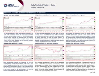 Page 1 of 2
TECHNICAL ANALYSIS: QE INDEX AND KEY STOCKS TO CONSIDER
QE Index: Short-Term – Uptrend
The QE Index extended its gains, rallying around 132 points, up by
1.07% on the back of large volumes. The index continued its bullish
momentum and comfortably breached the 12,400.0 psychological
level to close at 12,453.86. We believe the index has a strong
momentum going and may continue its rally to advance toward
12,500.0-12,514.0 levels. Meanwhile, both the momentum indicators
support the index for a higher move.
Masraf Al Rayan: Short-Term – Uptrend
MARK simultaneously breached the resistances of both the
ascending triangle at QR43.50 and QR44.15 on the back of large
volumes, tagging a new all-time high. Further, the stock developed a
bullish Marubozu candle pattern, indicating a likely continuation of this
rally. The stock has been in an uptrend mode since moving above the
21-day moving average and has gained strength. With both the
indicators looking strong, the stock is poised for new highs.
Al Rayan Islamic Index: Short-Term – Uptrend
The QERI Index rallied aggressively and moved higher by 1.95% to
surpass its previous best of 4,027.12. Based on the current higher
push and strong buying interest, we believe the index may continue to
rise, tagging new highs. The index is currently trading in an
unchartered territory and has no resistance level to deal with.
Meanwhile, the bullishness in the RSI remains intact, while the MACD
is diverging away from the signal line on the upside.
United Development Co.: Short-Term – Breakout
UDCD surpassed the resistances of QR22.66 and the rising wedge
trendline at QR23.09 in a single trading session. Notably, volumes
were also large on the breakout, which is a positive sign. We believe
this strong resistance breach has bullish implications and the stock
may rally further to test QR23.42. However, a dip below its ascending
trendline may halt its upmove. Meanwhile, both the indicators are
providing bullish signals, suggesting a further upside.
Medicare Group: Short-Term – Uptrend
MCGS cleared the resistance of QR79.90 and reached an all-time
high. With volumes picking up as well, it seems potential buyers are
stepping in. The stock has been experiencing strong gains in the past
few days and is in an uptrend mode. Meanwhile, the RSI is moving
strongly into the overbought territory, while the MACD is diverging
away in a bullish manner. Thus, the current prognosis implies that the
stock may continue its rally and tag new highs.
Vodafone Qatar: Short-Term – Uptrend
VFQS surged 9.99% and breached its resistances of QR14.03 and
QR14.23, after consolidating below over the past few days. Moreover,
the stock developed a bullish Marubozu candle pattern, indicating it
may likely to extend this rally further. We believe the stock is trending
strong and further spike in volumes indicate that VFQS may continue
to accelerate, tagging new highs. Meanwhile, both the indicators are
pointing upward with no immediate reversal signs.
 