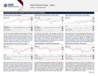 TECHNICAL ANALYSIS: QE INDEX AND KEY STOCKS TO CONSIDER
QE Index: Short-Term – Bounce Back

Al Rayan Islamic Index: Short-Term – Bounce Back

Qatari Investors Group: Short-Term – Bounce Back

The QE Index continued its uptrend tagging another new 52-week
high for the second consecutive day on Thursday. The index
breached 10,200.0 for the first time since 2008 as bulls were in full
control. We believe the index may continue its bullish run and start a
new wave toward 10,300.0 as it has strong momentum in its favor.
Moreover, the index has support for a higher move from both
momentum indicators, which are moving up in a bullish manner.

The QERI Index gained around 1.14% and tagged a new all-time
high, surpassing its previous best of 2,905.61 back in June. The index
cleared the 2,900.0 level and continued its strong momentum. We
believe, based on the momentum of the current higher move, the
index is poised to tag a new high. Moreover, the RSI is moving
strongly in the overbought territory, while the MACD is in an uptrend
mode thus providing the index an upward bias.

QIGD surged around 7.16% and penetrated above the resistances of
QR33.50 and QR35.0 in a single swoop. Moreover, the stock moved
above this level for the first time since 2008 and tagged a new 52week high. The gains were supported by increased volumes
indicating that potential buyers are stepping in. We believe, based on
the current momentum, the stock may test and surpass QR35.90
targeting QR36.50. Both indicators have shown a bullish divergence.

Barwa Real Estate Co.: Short-Term – Bounce Back

United Development Co.: Short-Term – Bounce Back

Industries Qatar: Short-Term – Bounce Back

BRES cleared the resistance of QR27.35 after feigning a failure on
Wednesday and moved above the congestion zone for the first time
since June, on Thursday. Moreover, the stock developed a bullish
Marubozu Candle pattern indicating a likely advance from the current
level. We believe the stock may now march toward QR27.65.
Meanwhile, both indicators are stalling from the declining mode.
However, a dip below QR27.35 may indicate a false breakout.

UDCD penetrated above the resistance of QR23.15 and made further
headway on Thursday. We believe, as long as the stock trades above
QR23.15, the short-term uptrend may remain intact and a rise toward
QR23.55 could be possible. Moreover, with the RSI moving up
toward the overbought territory and the MACD growing more bullish,
UDCD’ preferred direction seems to be on the upside. However,
traders may keep a close watch on QR23.15 for any reversal signs.

IQCD breached the resistances of QR165.0 and QR166.50 in a
single trading session. The recent price action indicate that IQCD may
continue pushing the price higher toward QR169.0 as there is not
much resistance on the upside until then. Moreover, the RSI and the
MACD are providing bullish signals indicating that the stock has
enough steam to accelerate further. However, a decline below
QR166.50 on a closing basis may halt its upmove.
Page 1 of 2

 