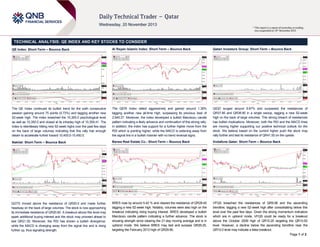 TECHNICAL ANALYSIS: QE INDEX AND KEY STOCKS TO CONSIDER
QE Index: Short-Term – Bounce Back

Al Rayan Islamic Index: Short-Term – Bounce Back

Qatari Investors Group: Short-Term – Bounce Back

The QE Index continued its bullish trend for the sixth consecutive
session gaining around 75 points (0.73%) and tagging another new
52-week high. The index breached the 10,300.0 psychological level
as well as 10,350.0 and closed at its intraday high of 10,359.41. The
index is relentlessly hitting new 52-week highs over the past few days
on the back of large volumes indicating that this rally has enough
steam to accelerate further toward 10,400.0-10,450.0.

The QERI Index rallied aggressively and gained around 1.38%
tagging another new all-time high, surpassing its previous best of
2,945.27. Moreover, the index developed a bullish Marubozu candle
pattern indicating a likely advance and continuation of this strong rally.
In addition, the index has support for a further higher move from the
RSI which is pointing higher, while the MACD is widening away from
the signal line in a bullish manner with no trend reversal signs.

QIGD surged around 9.87% and surpassed the resistances of
QR37.80 and QR38.90 in a single swoop, tagging a new 52-week
high on the back of large volumes. This strong breach of resistances
has bullish implications. Moreover, both the RSI and the MACD lines
are moving higher supporting our positive technical outlook for the
stock. We believe based on the current higher push the stock may
rally further and test its resistance of QR41.50 on the upside.

Nakilat: Short-Term – Bounce Back

Barwa Real Estate Co.: Short-Term – Bounce Back

Vodafone Qatar: Short-Term – Bounce Back

QGTS moved above the resistance of QR20.0 and made further
headway on the back of large volumes. The stock is now approaching
its immediate resistance of QR20.60. A breakout above this level may
spark additional buying interest and the stock may proceed ahead to
test QR21.30. Moreover, the RSI has shown a bullish divergence,
while the MACD is diverging away from the signal line and is rising
further up, thus signaling strength.

BRES rose by around 5.42 % and cleared the resistance of QR28.45
tagging a new 52-week high. Notably, volumes were also high on the
breakout indicating rising buying interest. BRES developed a bullish
Marubozu candle pattern indicating a further advance. The stock is
showing strength since clearing the 21-day moving average and is in
uptrend mode. We believe BRES may test and surpass QR29.25,
targeting the February 2012 high of QR29.90.

VFQS breached the resistances of QR9.98 and the ascending
trendline, tagging a new 52-week high after consolidating below this
level over the past few days. Given the strong momentum indicators
which are in uptrend mode, VFQS could be ready for a breakout
above the October 2009 high of QR10.20 targeting the QR10.50
level. However, a decline below the ascending trendline near the
QR10.0 level may indicate a false breakout.
Page 1 of 2

 
